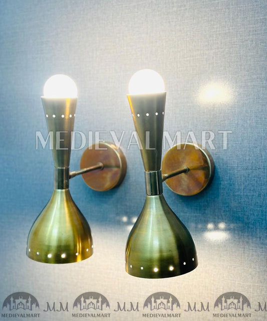 MEDIEVALMART Mid Century Brass Diabolo Wall Sconce Pair: Italian Style Lighting