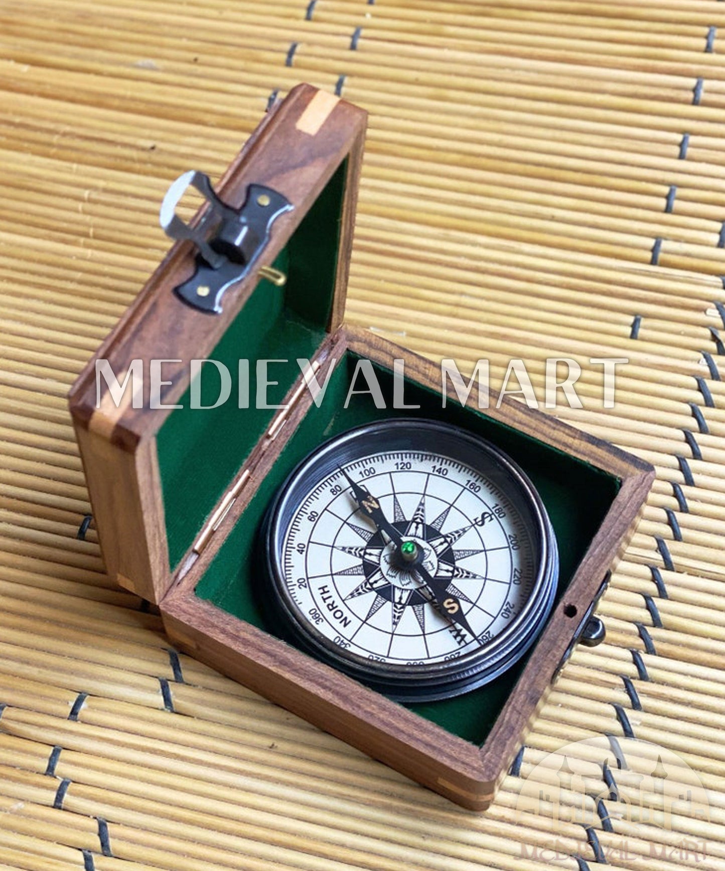 MEDIEVALMART Nautical Engrave Adventure Compass Black Finish W/H Gen-1 Wooden Case | Gift For Him