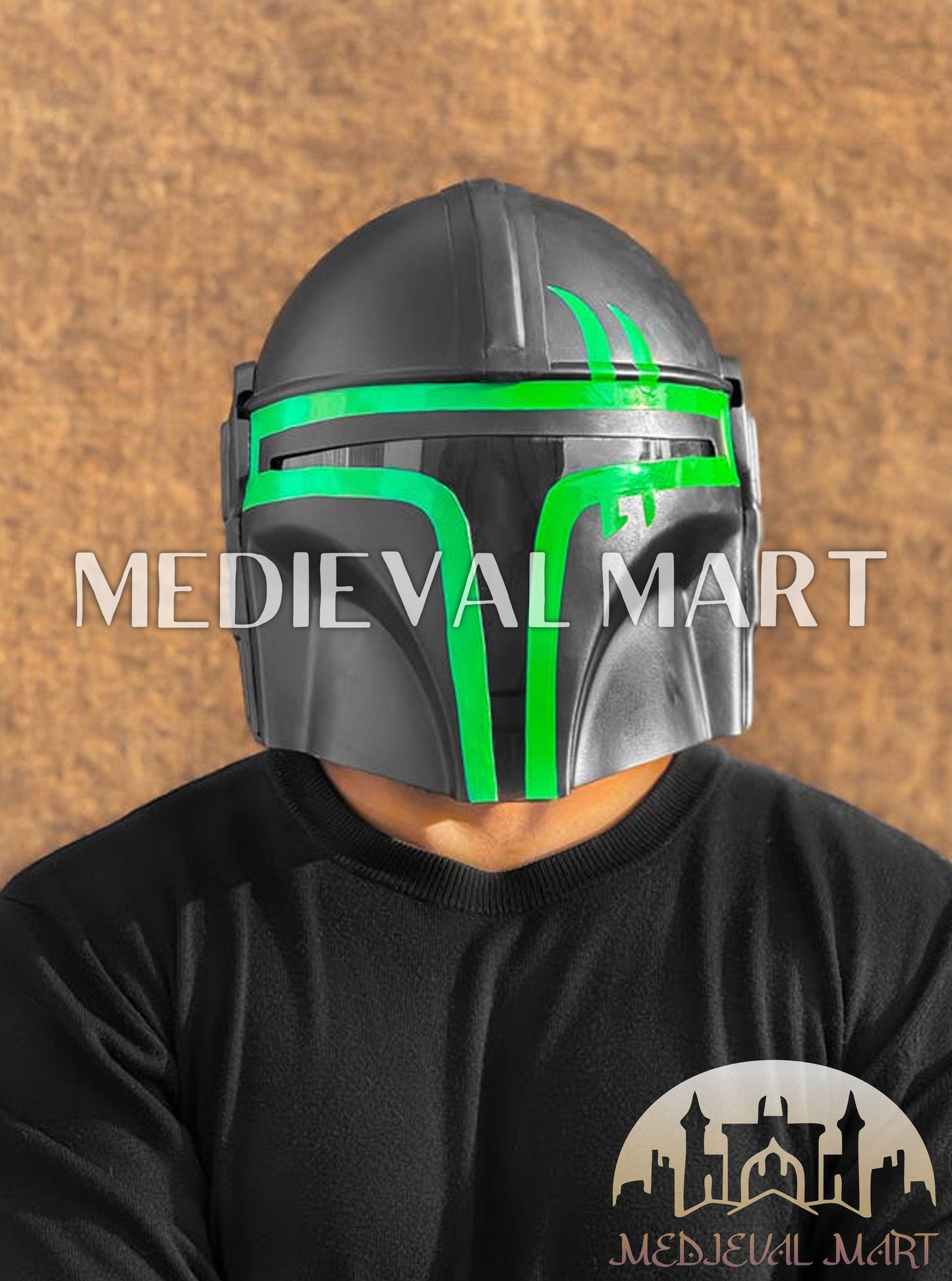 MEDIEVALMART "The Mandalorian" Din Djarin Green Finish Helmet W/H Free Stand | Star Wars Props