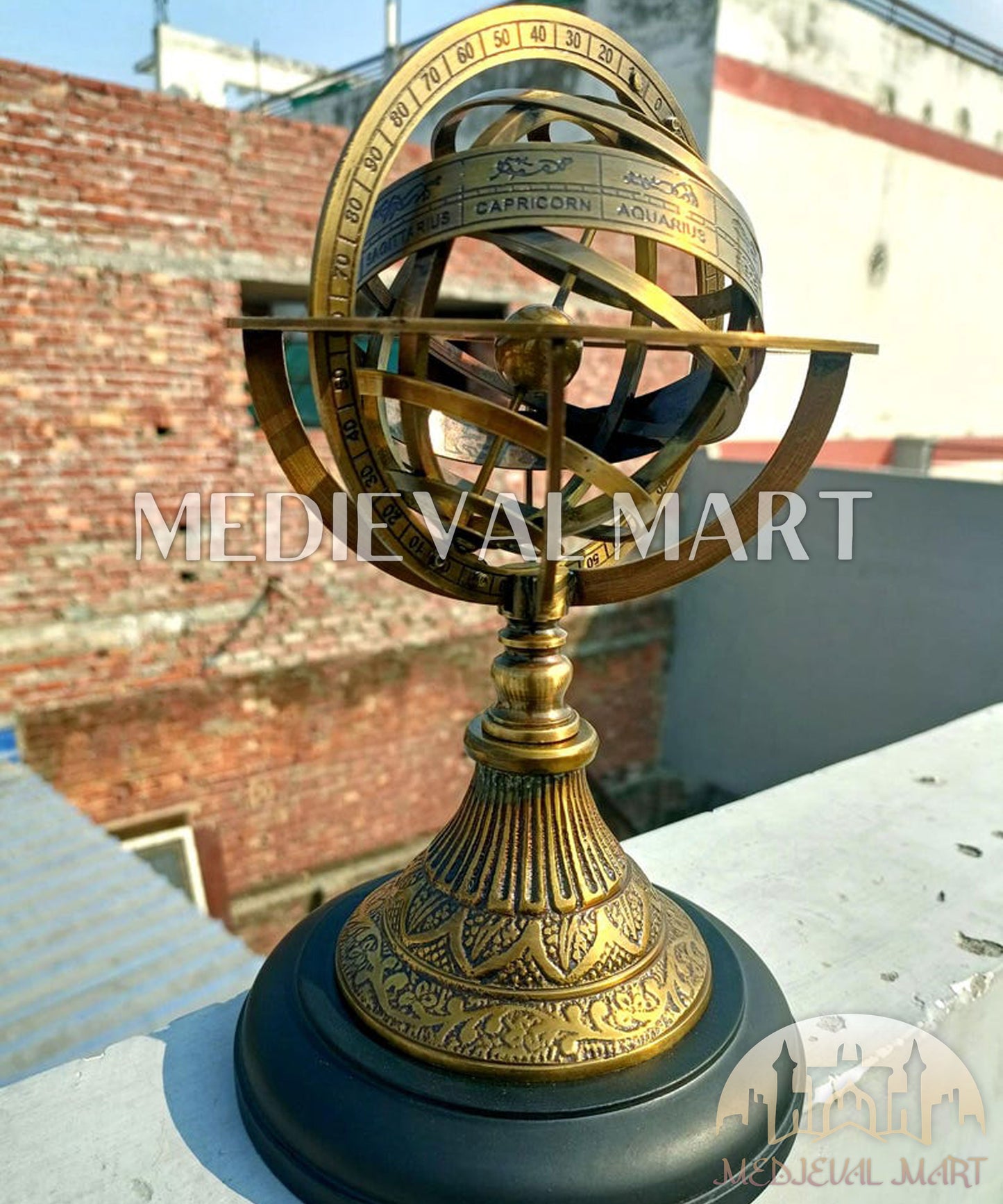 MEDIEVALMART Handmade Brass Armillary Globe Engraved Zodiac Astrolabe on Wooden Base Gift For Christmas Day