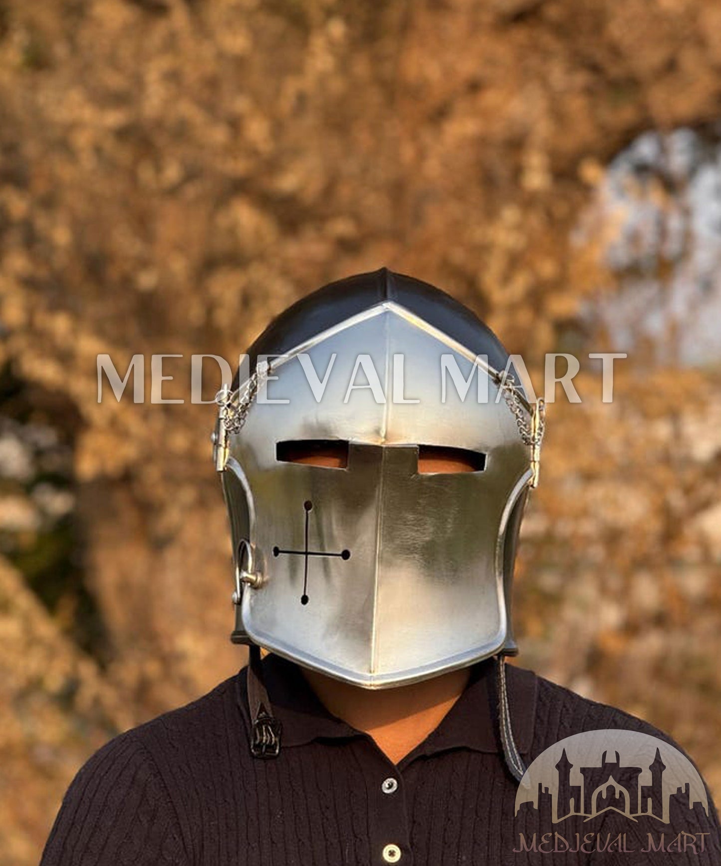 MEDIEVALMART Medieval Knight Armor 18g Mild Steel Black Barbuta Helmet for LARP or Cosplay - Gift For Dad