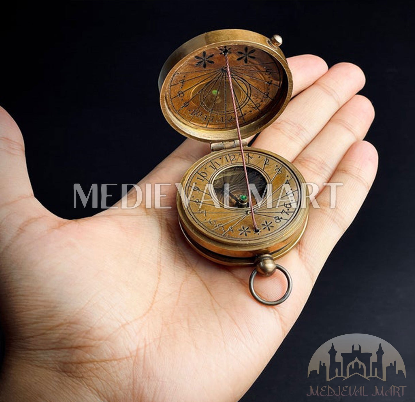 MEDIEVALMART Nautical Brass Engrave Sun Clock Texture Compass Gold Finish W/H Leather Case | Gift For Dad & Son