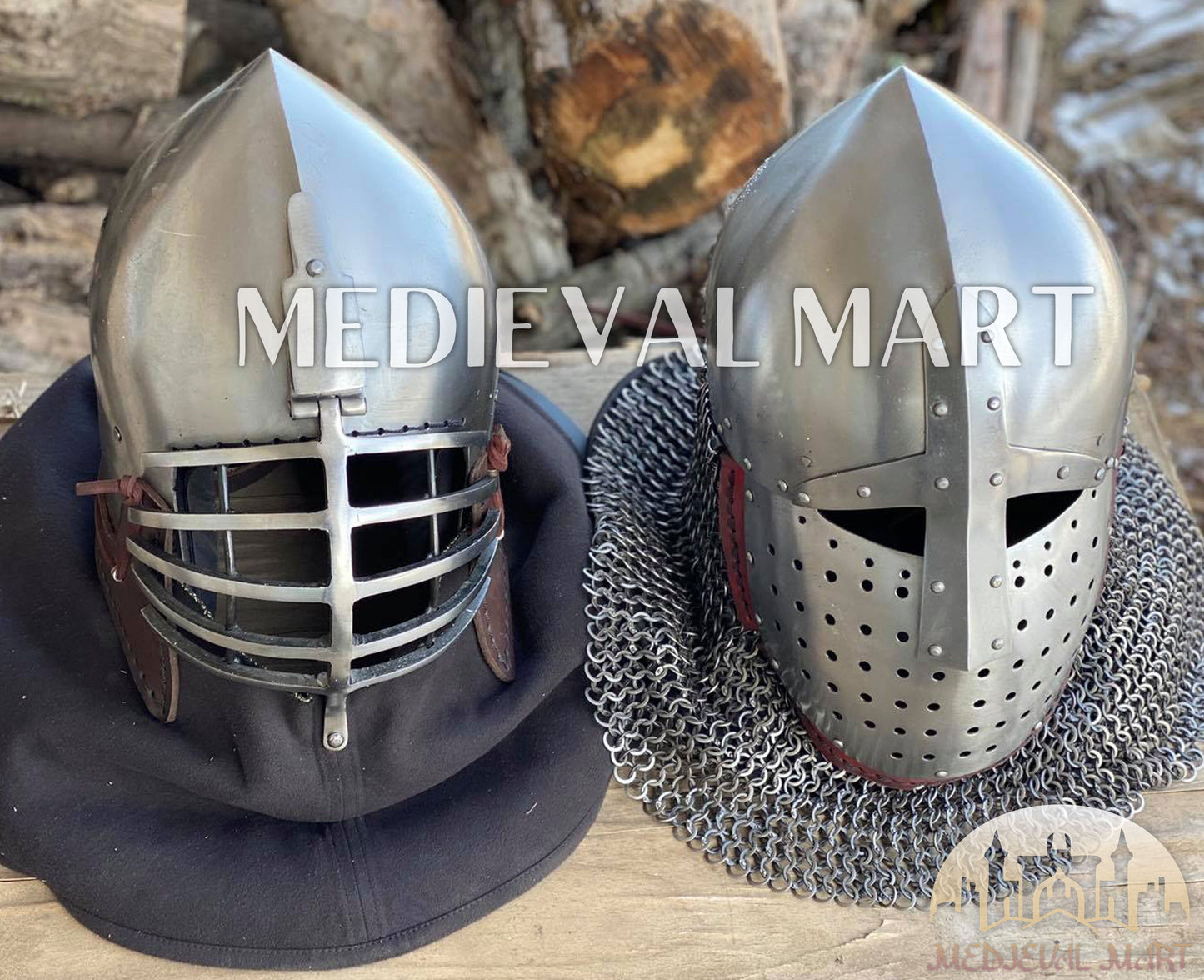 MEDIEVALMART 14th-Century Limited Collection "Wolf Ribs" & "Norman" Bacinet Helmet