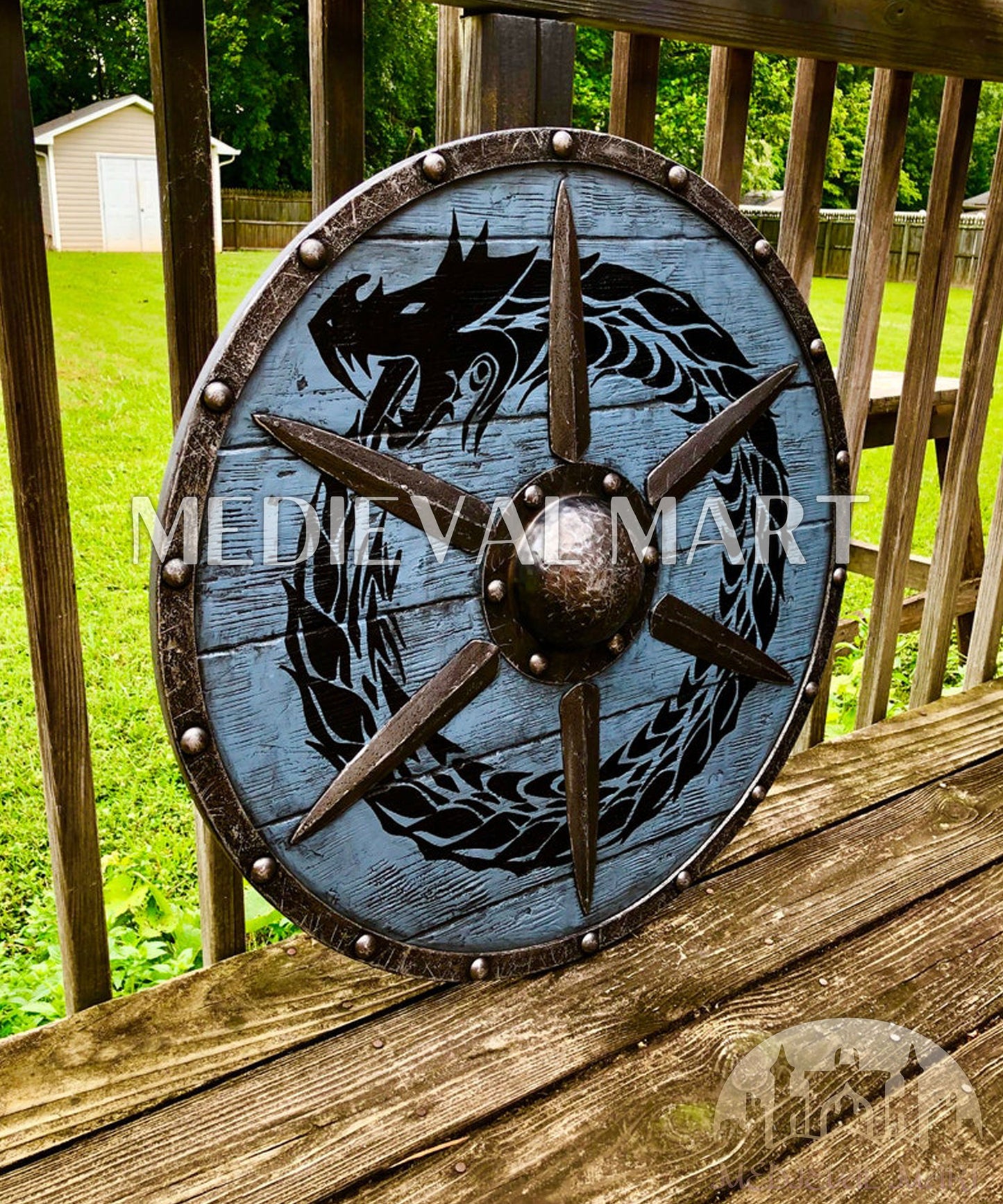 MEDIEVALMART Viking's Blue Ouroboros Iron Spikes Battleworn Viking Wooden Shield | Gifts For Dad