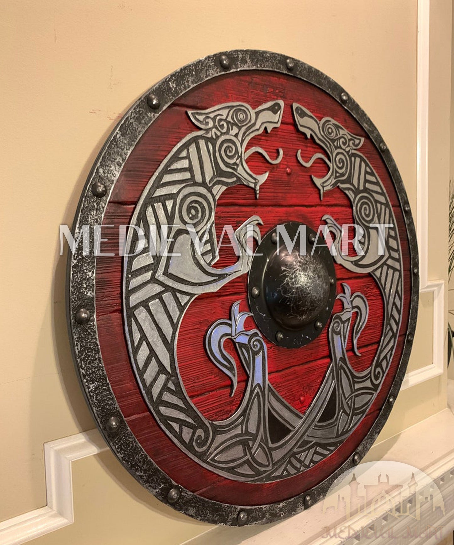 MEDIEVALMART Viking's Valhalla Fenrir 3D Relief Norse Dragon Authentic Battleworn Viking Wooden Shield | Gifts For Dad