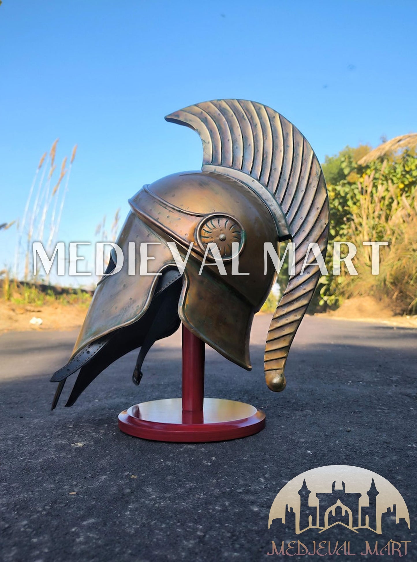 MEDIEVALMART Corinthian Greek Knight Crusader Spartan Helmet W/H Free Stand | 300 Props
