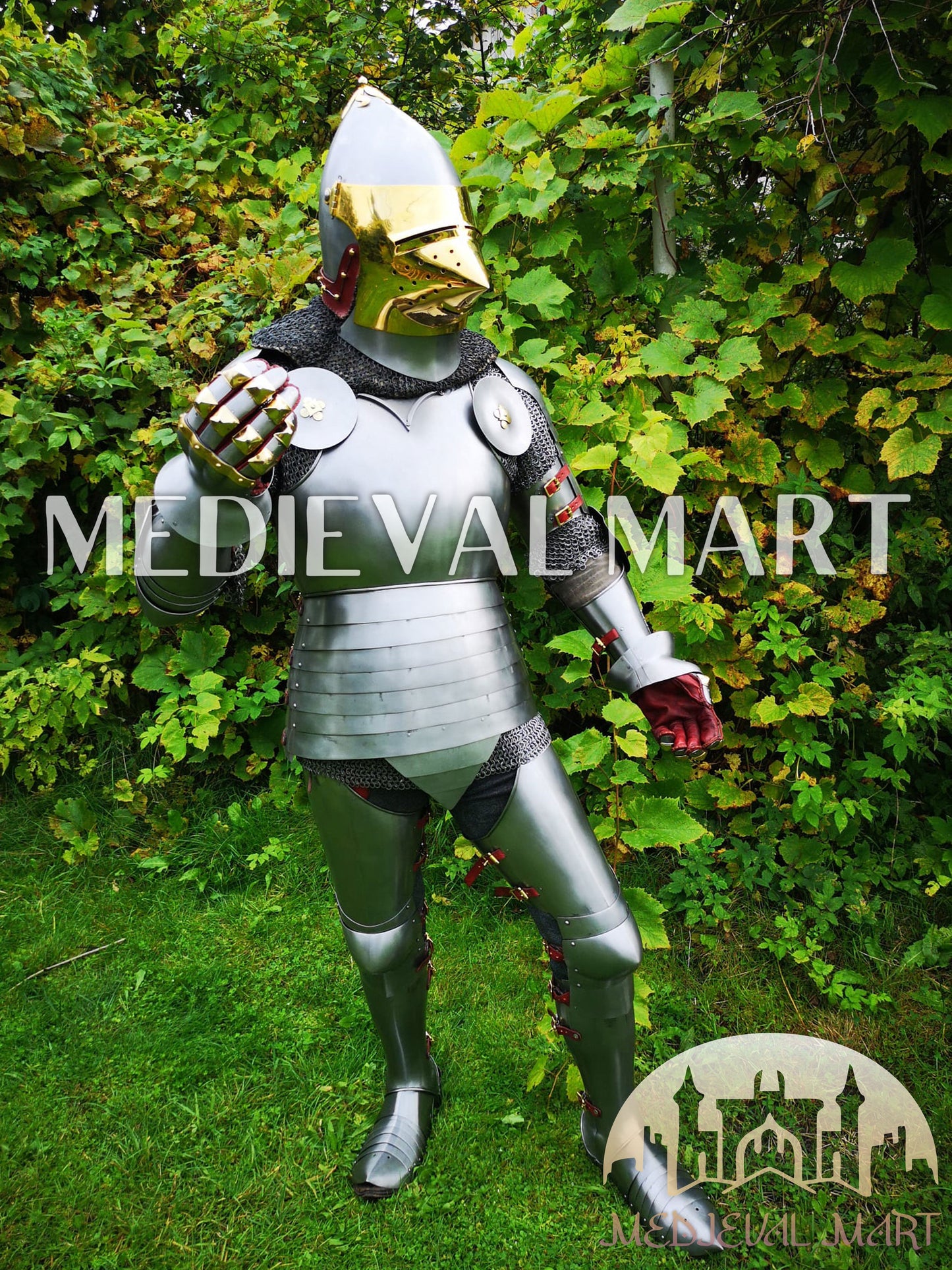MEDIEVALMART 15th-Century English knight Warrior Gothic Plate Armor Costume W/H Gold Face Hounskull Helmet