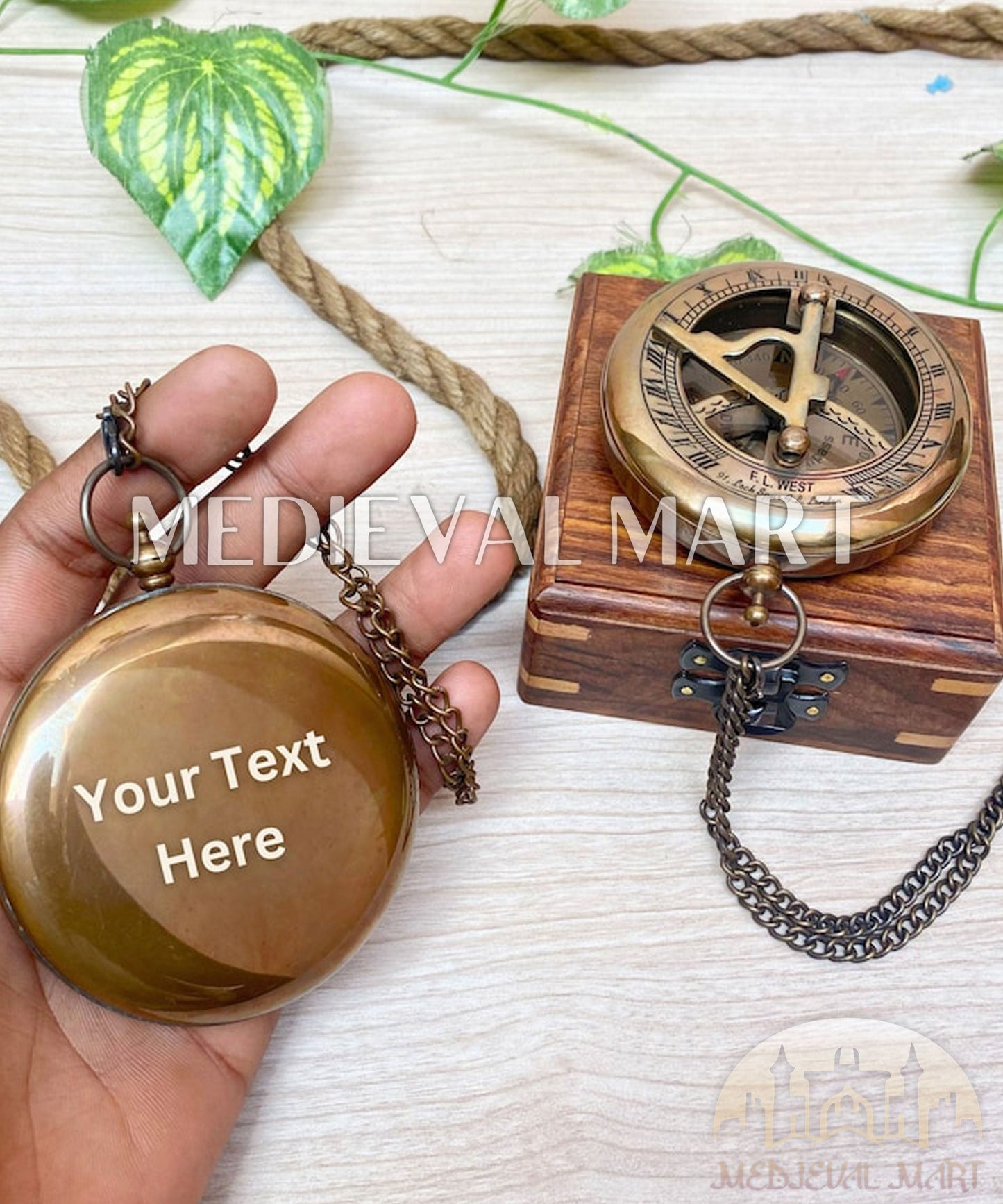MEDIEVALMART Personalized Nautical Sundial Pocket Compass Antique Finish W/H Gen-1 Wooden Case | Gift For Mom