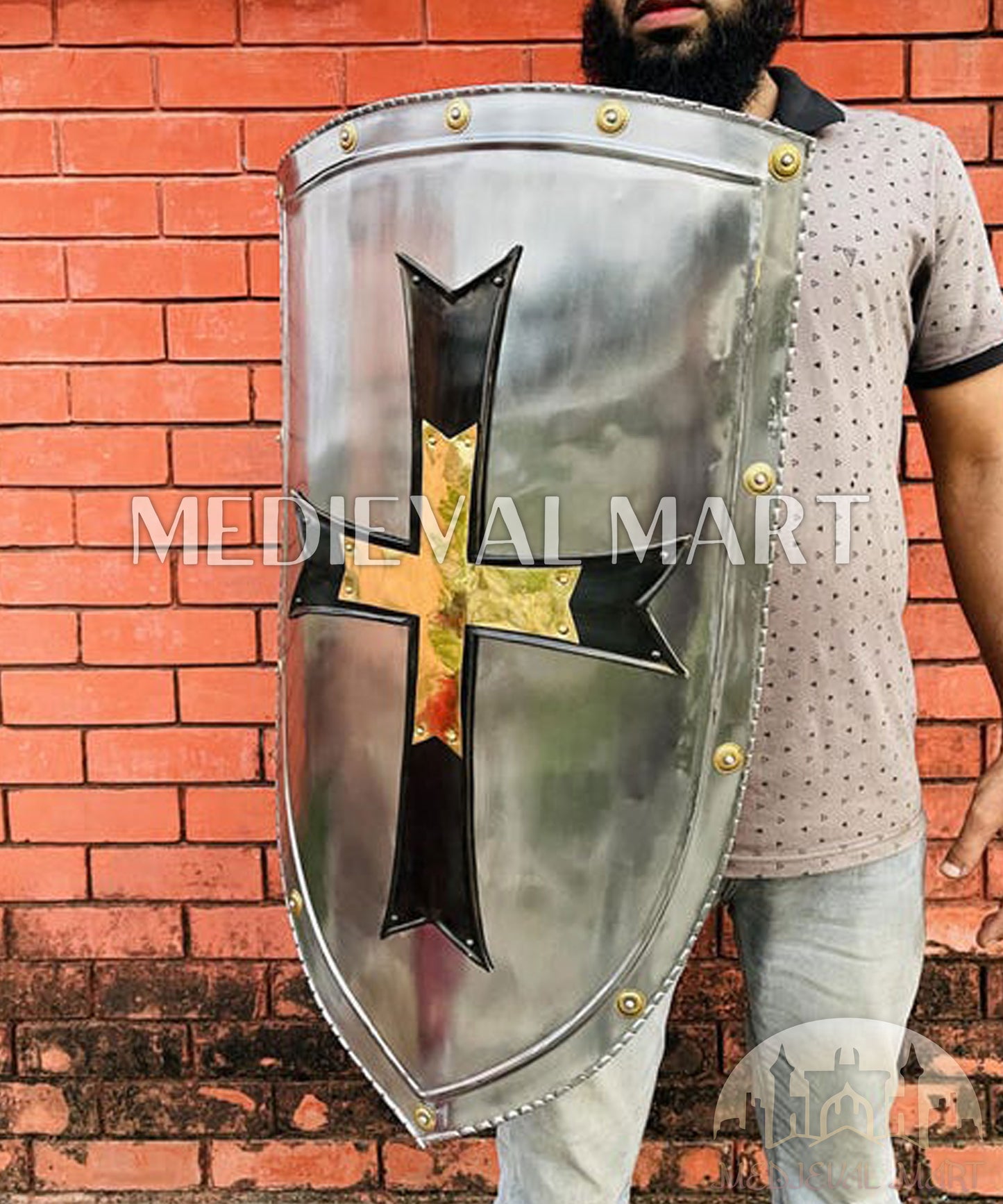 MEDIEVALMART Medieval Crusader Knight Templar Shield W/H Brass & Black Cross | Gift for Dad