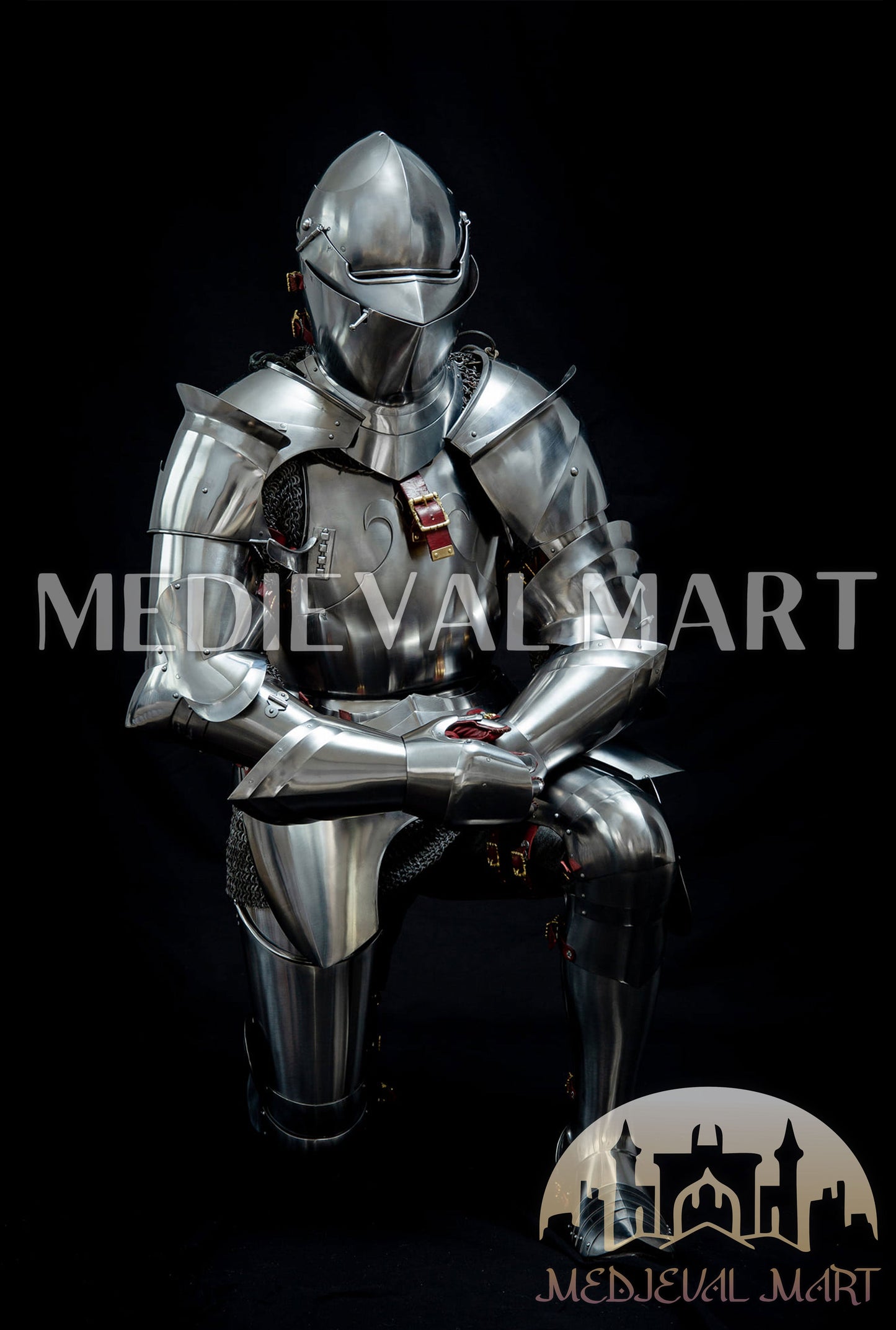 MEDIEVALMART 14th-Cen European English Hardend Steel Plate Armor Buff Polish W/H Houndskull Closed Bascinet