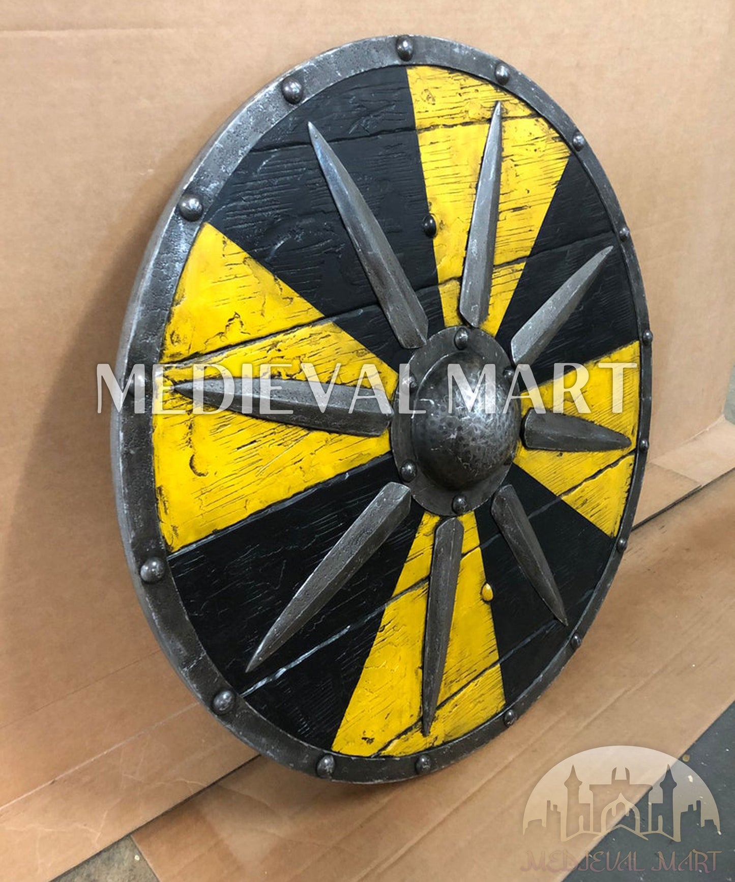 MEDIEVALMART Iconic Viking's Jarl Borg Iron Spikes Battleworn Viking Wooden Shield | Gifts For Dad