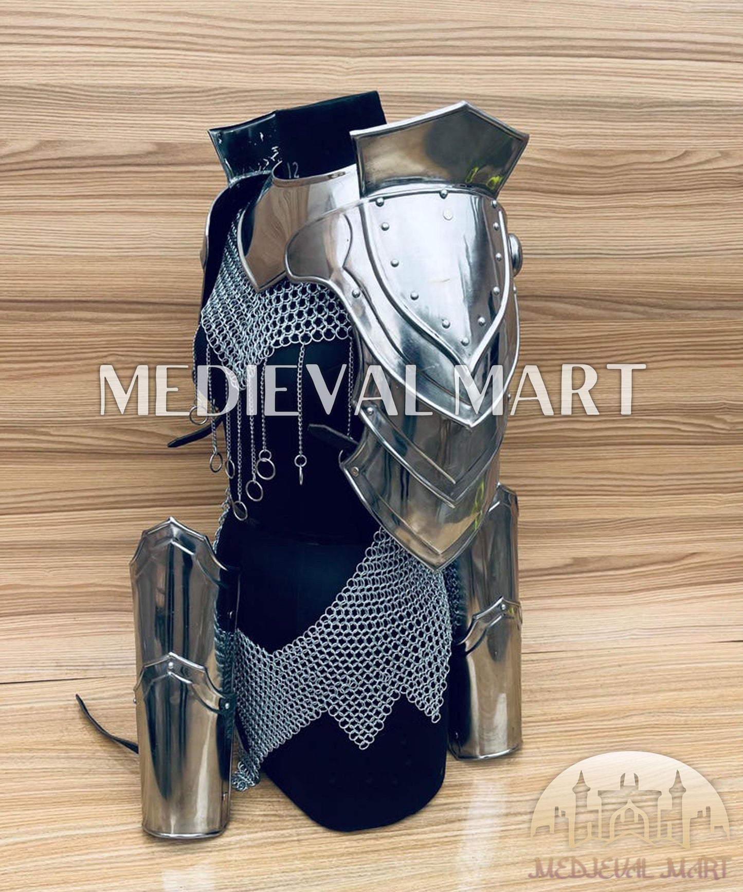 MEDIEVALMART (Isolara Dragonplate) Women’s Armor W/H (Sable Knight) Chainmail + Arms Armor