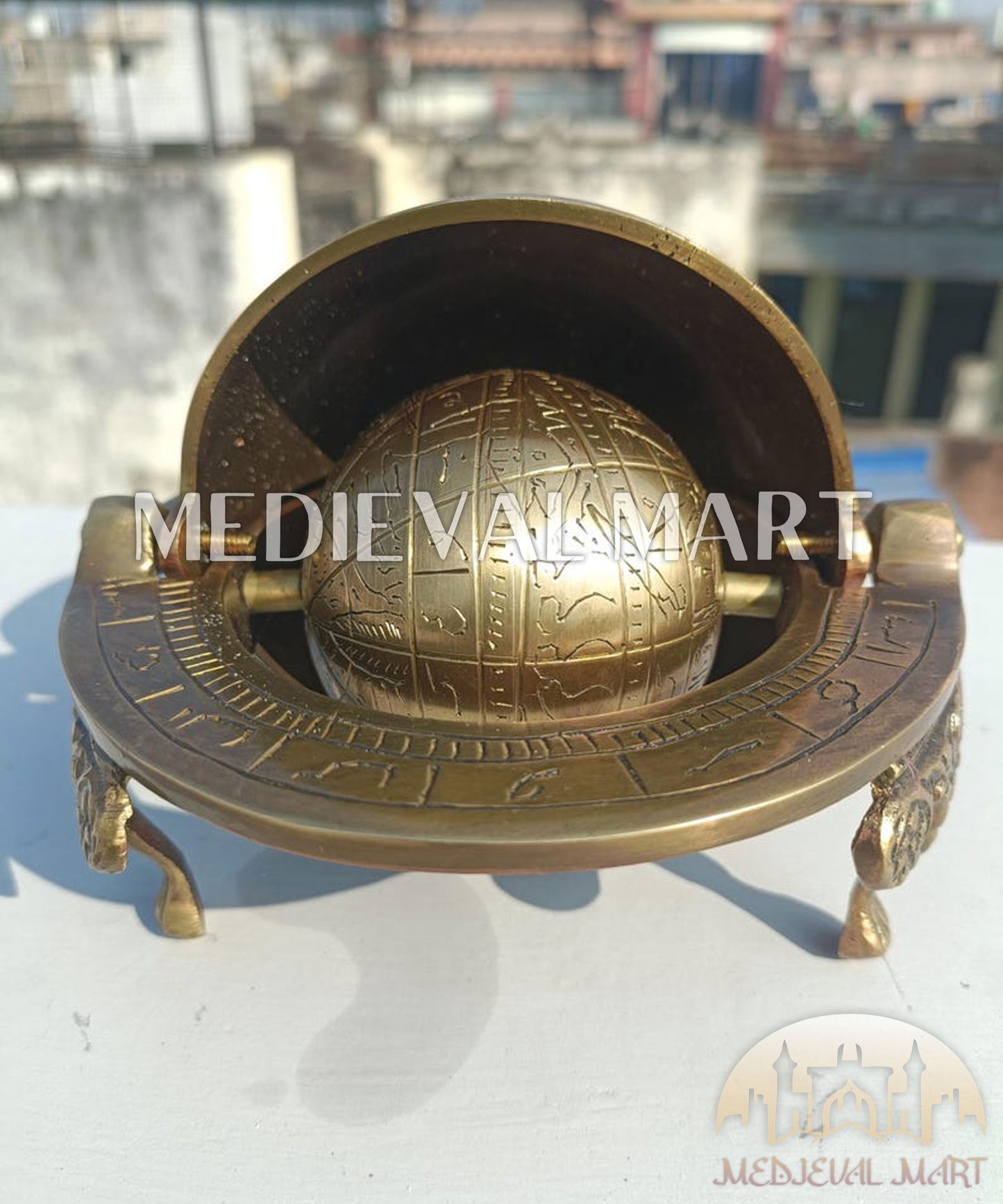 MEDIEVALMART Handmade Brass Celestial Globe Astrolabe | Arabic Zodiac Armillary Sphere | Tabletop Decor