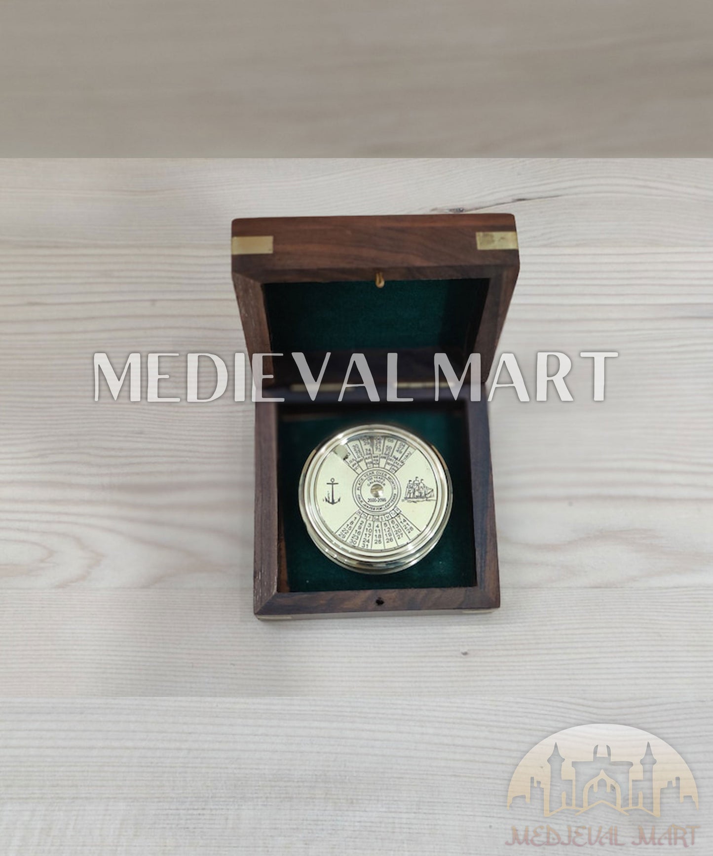 MEDIEVALMART Adventure 100 Years Colander Engrave Pure Brass Finish Compass W/H Gen-1 Wooden Case| Gift For Him