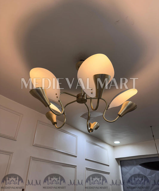 MEDIEVALMART Handmade Brass 5-Arm Chandelier | Mid-Century Modern Light Fixture