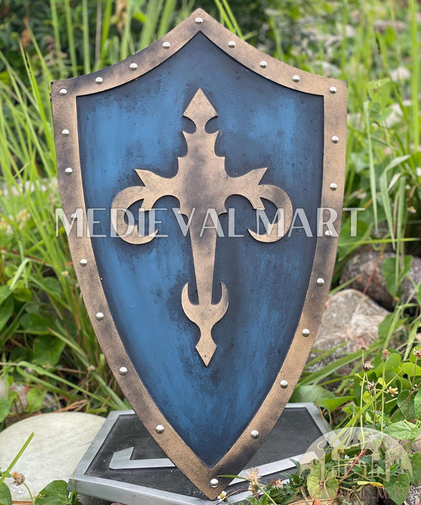 MEDIEVALMART Medieval Templar Devil Zelda Cross Inspired Wooden Shield Bliue & Gold Finish | Gift for Christmas Day