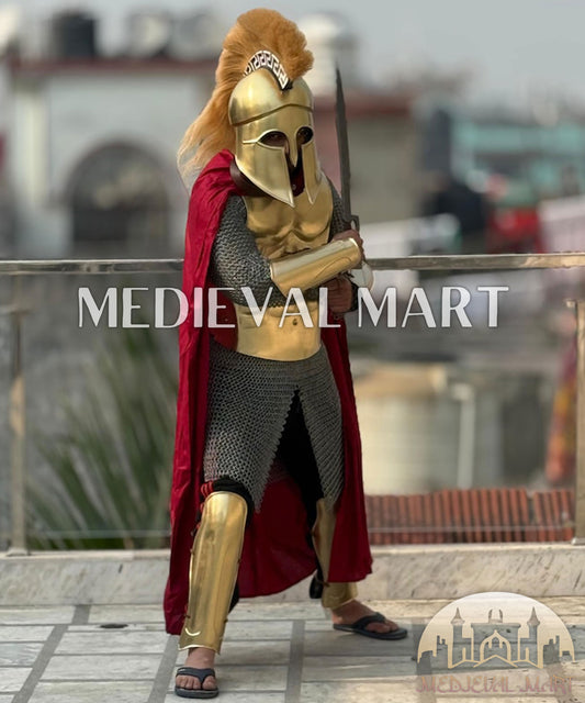 MEDIEVALMART Medieval Spartan Greek Full Costume Gold Finish with chainmail