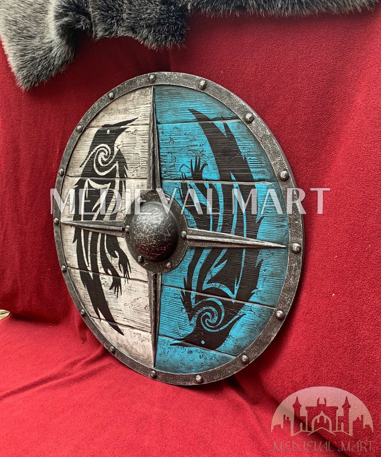 MEDIEVALMART Viking's Gray Ouroboros Iron Spikes Battleworn Viking Wooden Shield | Gifts For Dad