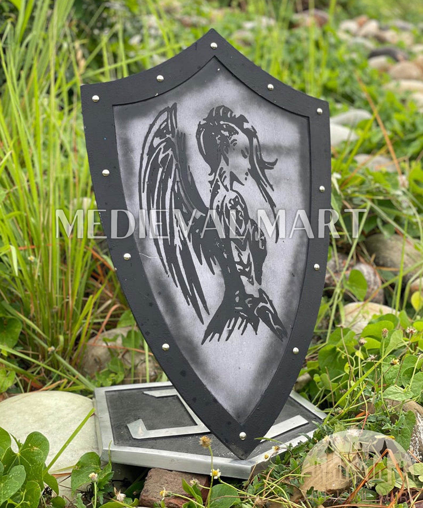MEDIEVALMART Medieval Templar Devil Angel Inspired Wooden Shield Black & Siver Finish | Gift for Christmas Day