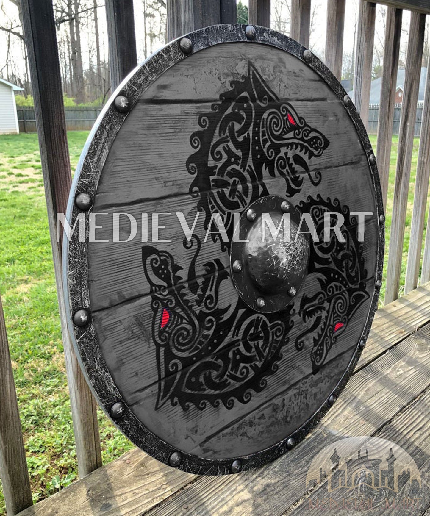 MEDIEVALMART Viking's Fenrir Gray Athena’s Authentic Battleworn Viking Wooden Shield | Gifts For Dad