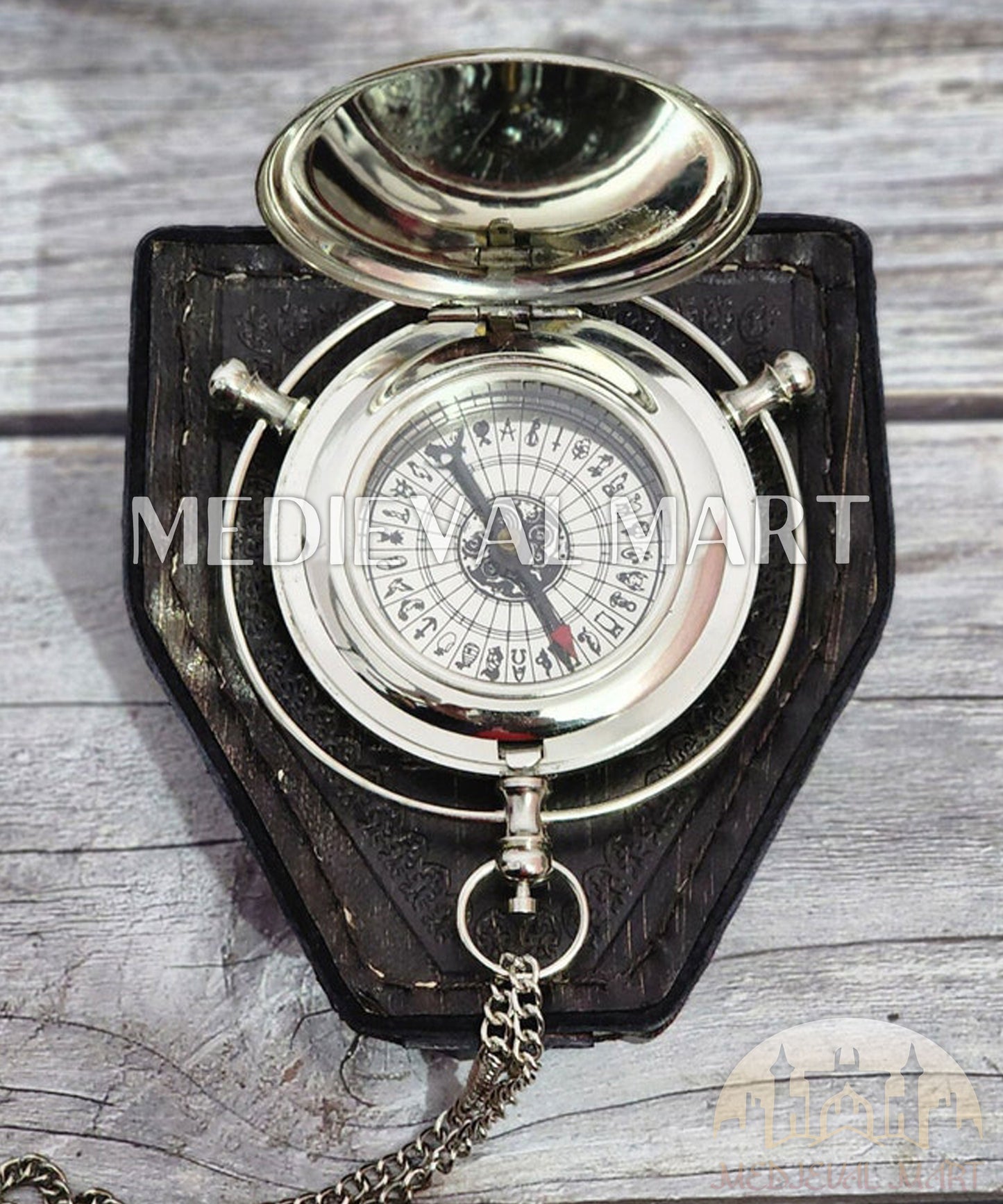 MEDIEVALMART Nautical Custom Engraved Alethiometer Chrome Pocket Compass Chrome Finish W/H Lather Case | Gift For Mom