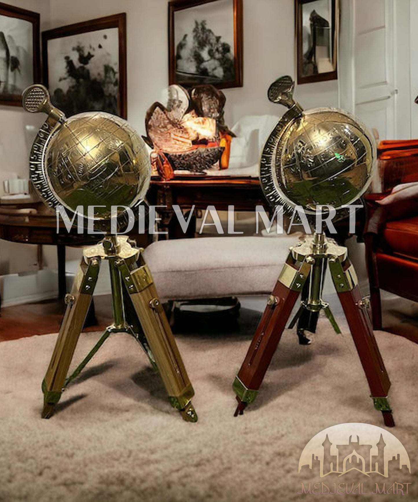 MEDIEVALMART Handmade Brass Armillary Sphere Globe: Wooden Tripod, Nautical Decor Gift for Mom or Dad