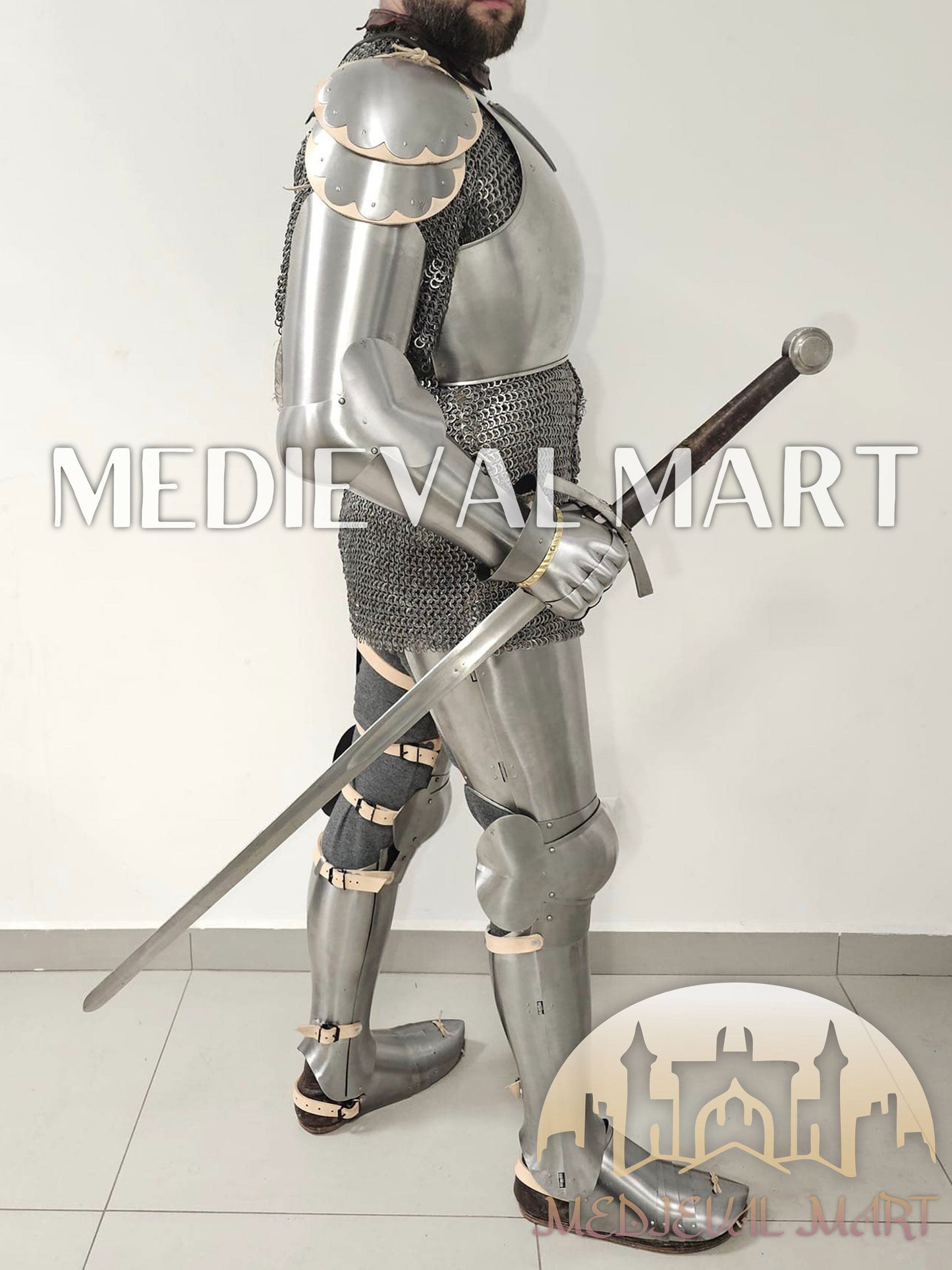 MEDIEVALMART 14th-Century Authentic Combat Full Plate Armor W/H Sword & Chainmail Inner