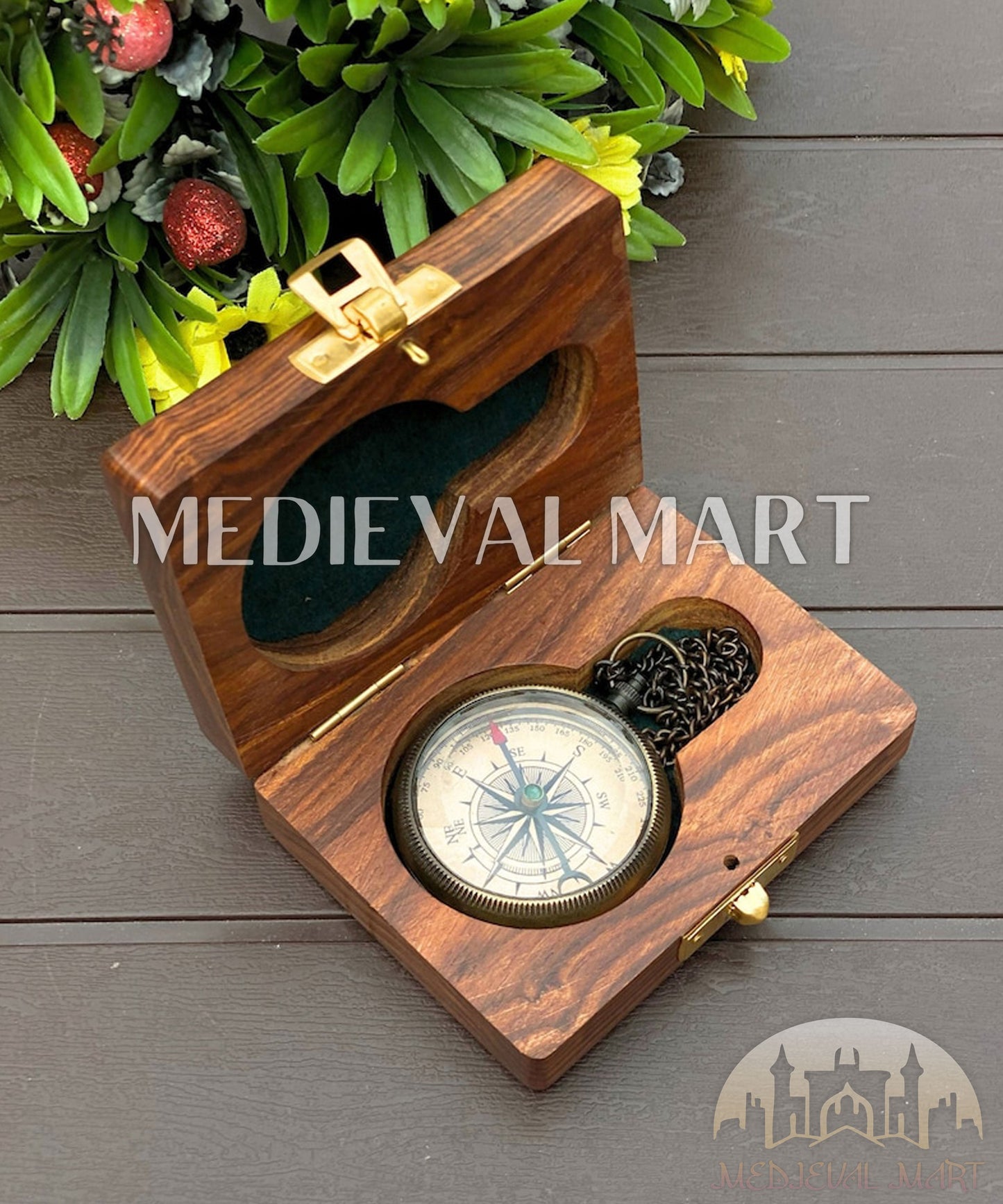 MEDIEVALMART Personalized Antique Finish Locket Compass W/H GEN-2 Custom Wooden Case | Gifts For Her or Mom