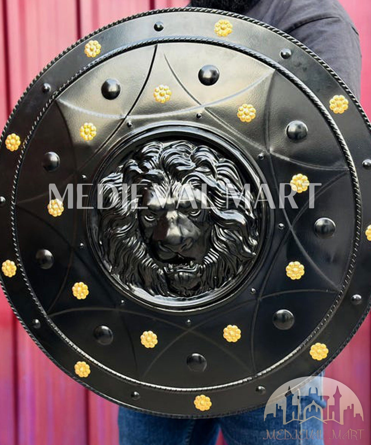 MEDIEVALMART Medieval Spartan Exclusive Gold Lion Face Shield W/H Black Finish | Gift for Dad