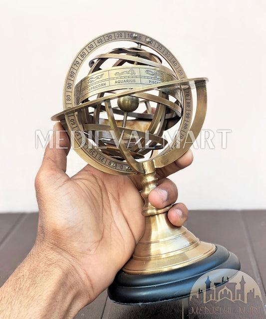 MEDIEVALMART Vintage Brass Armillary Sphere Globe: Nautical Table Decor on Wooden Base