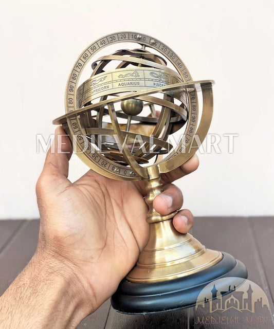 MEDIEVALMART Vintage Brass Armillary Sphere Globe: Nautical Table Decor on Wooden Base