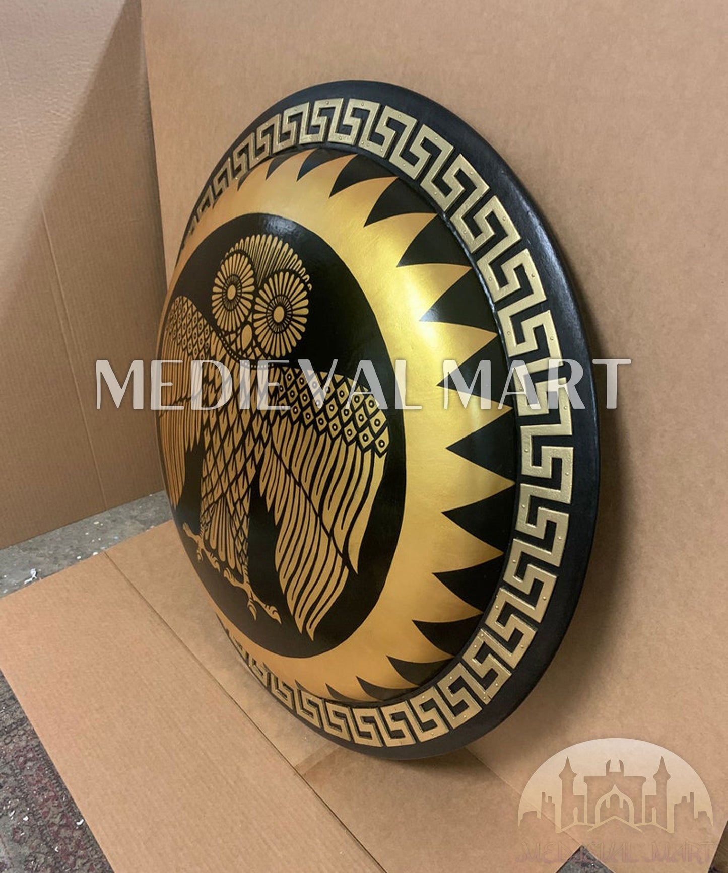 MEDIEVALMART Iconic Athenian Owl Ancient Greek Hoplite Battleworn Metal/Brass Shield | Gifts For Dad