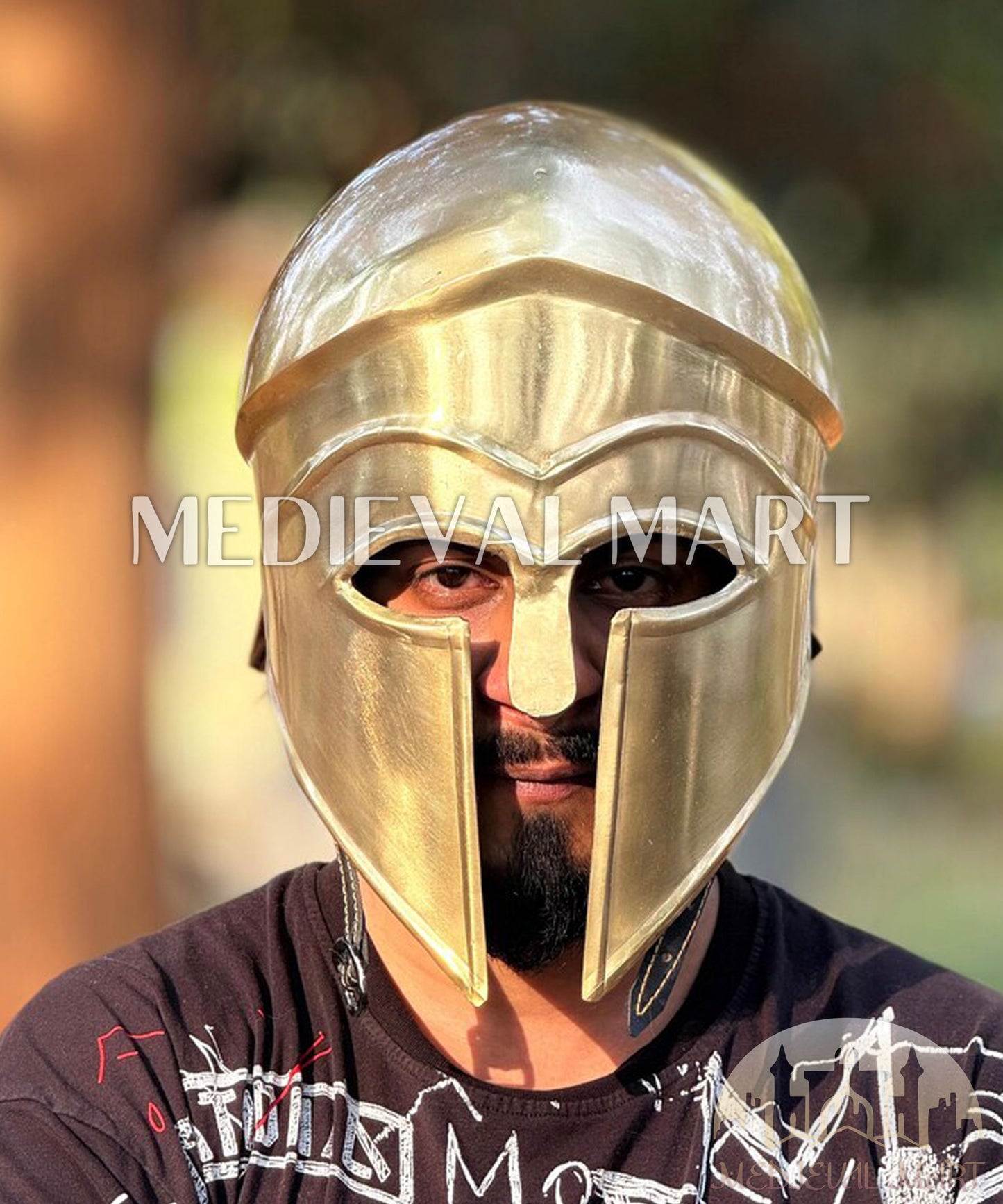 MEDIEVALMART "4th Cen BCE" Greek Hoplites Corinthian Gold Finish Helmet W/H Free Stand | Greek Props