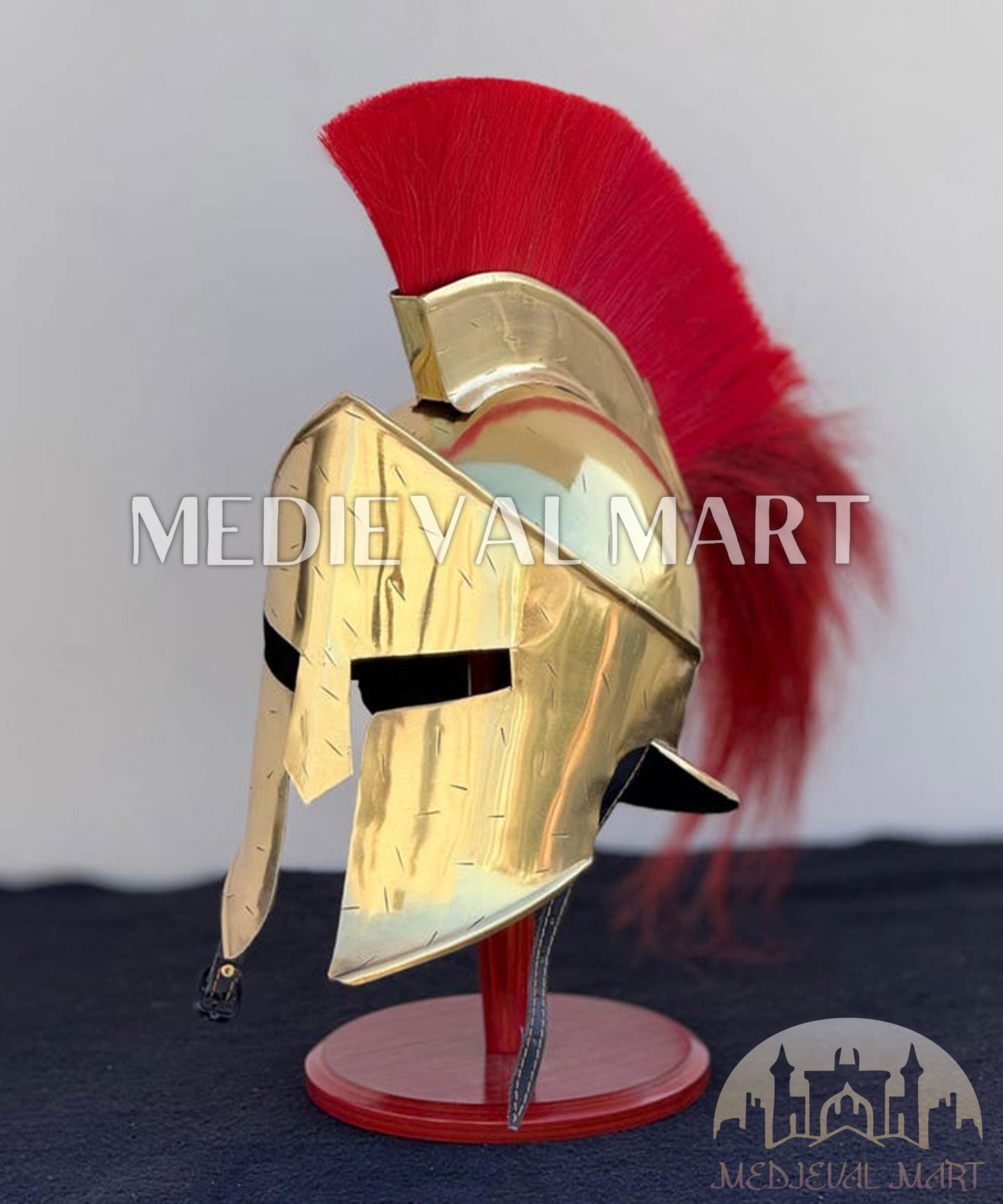 MEDIEVALMART "300" Spartan King Leonidas Shiny Brass Helmet W/H Free Stand | 300 Props