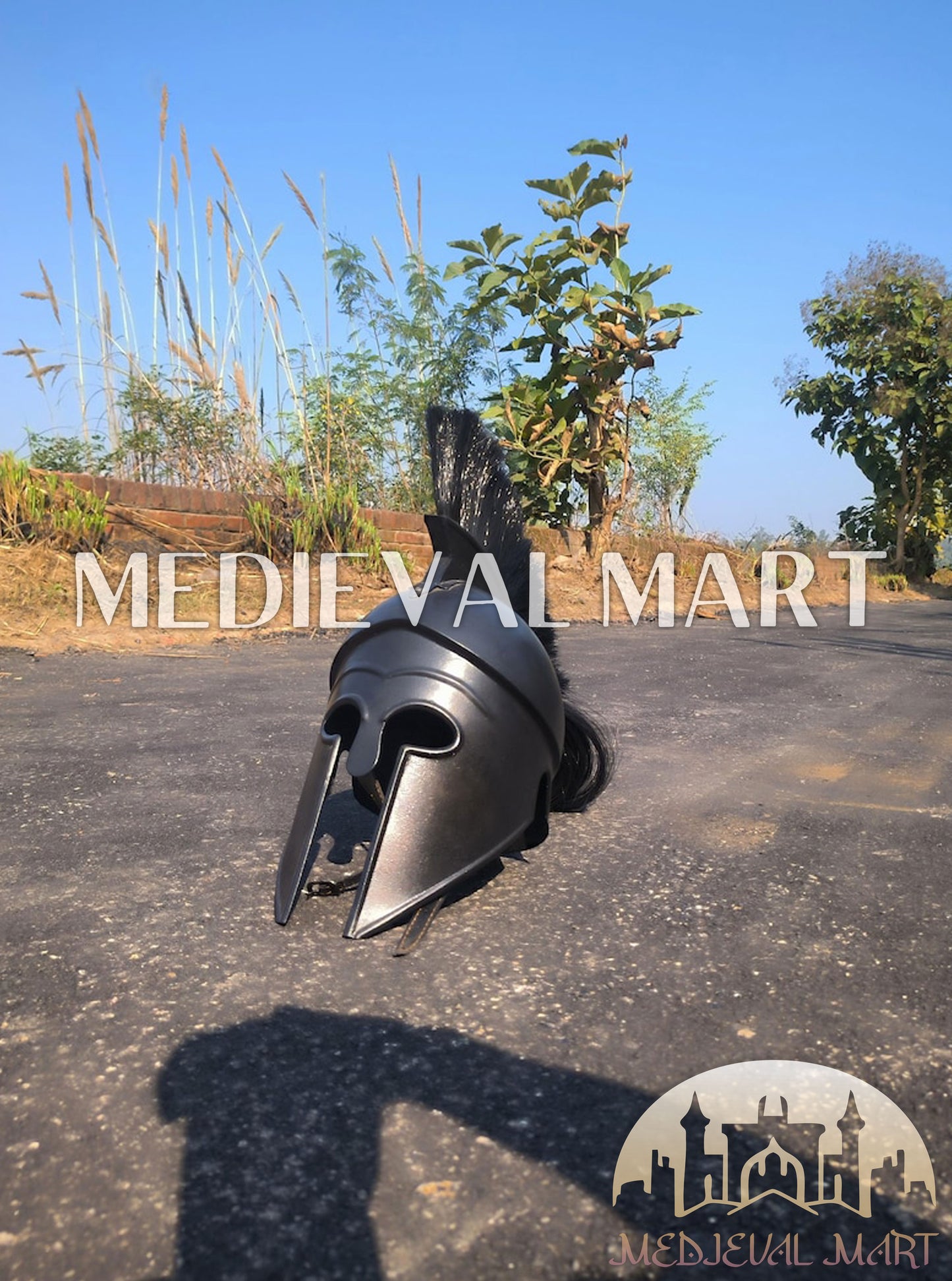 MEDIEVALMART Corinthian Greek Knight Crusader Black Finish Spartan Helmet W/H Free Stand | 300 Props