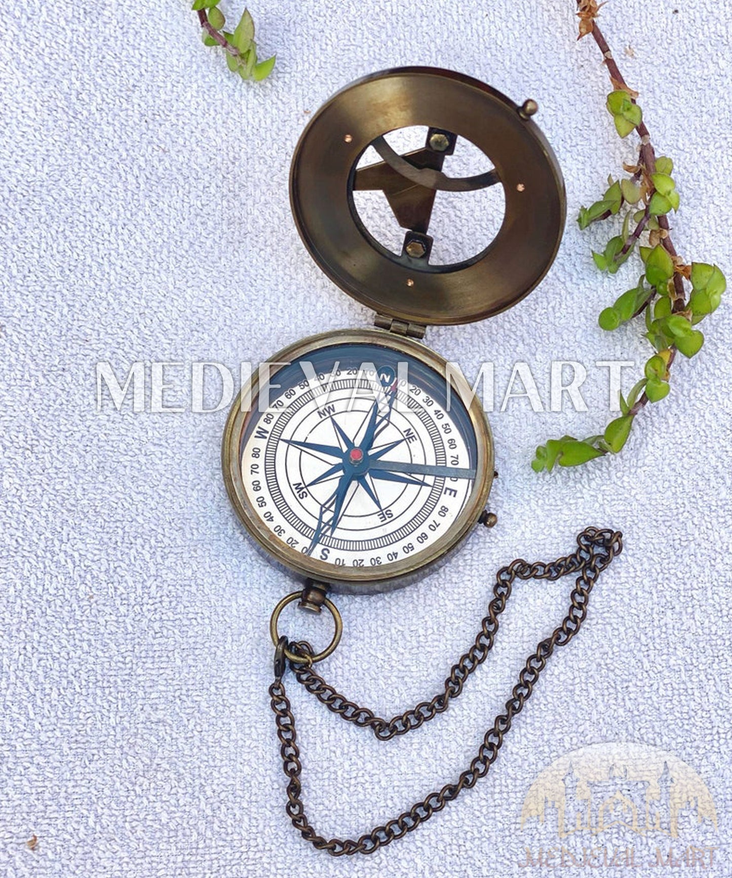MEDIEVALMART Nautical Custom Engrave Sundial Clock Style Compass Gold Finish W/H Leather Case | Gift For Compass