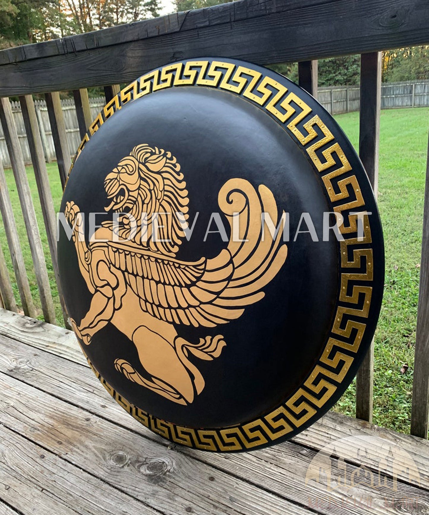 MEDIEVALMART Iconic Greek Hoplite Black/Gold Lion Battleworn Metal/Brass Shield | Gifts For Dad