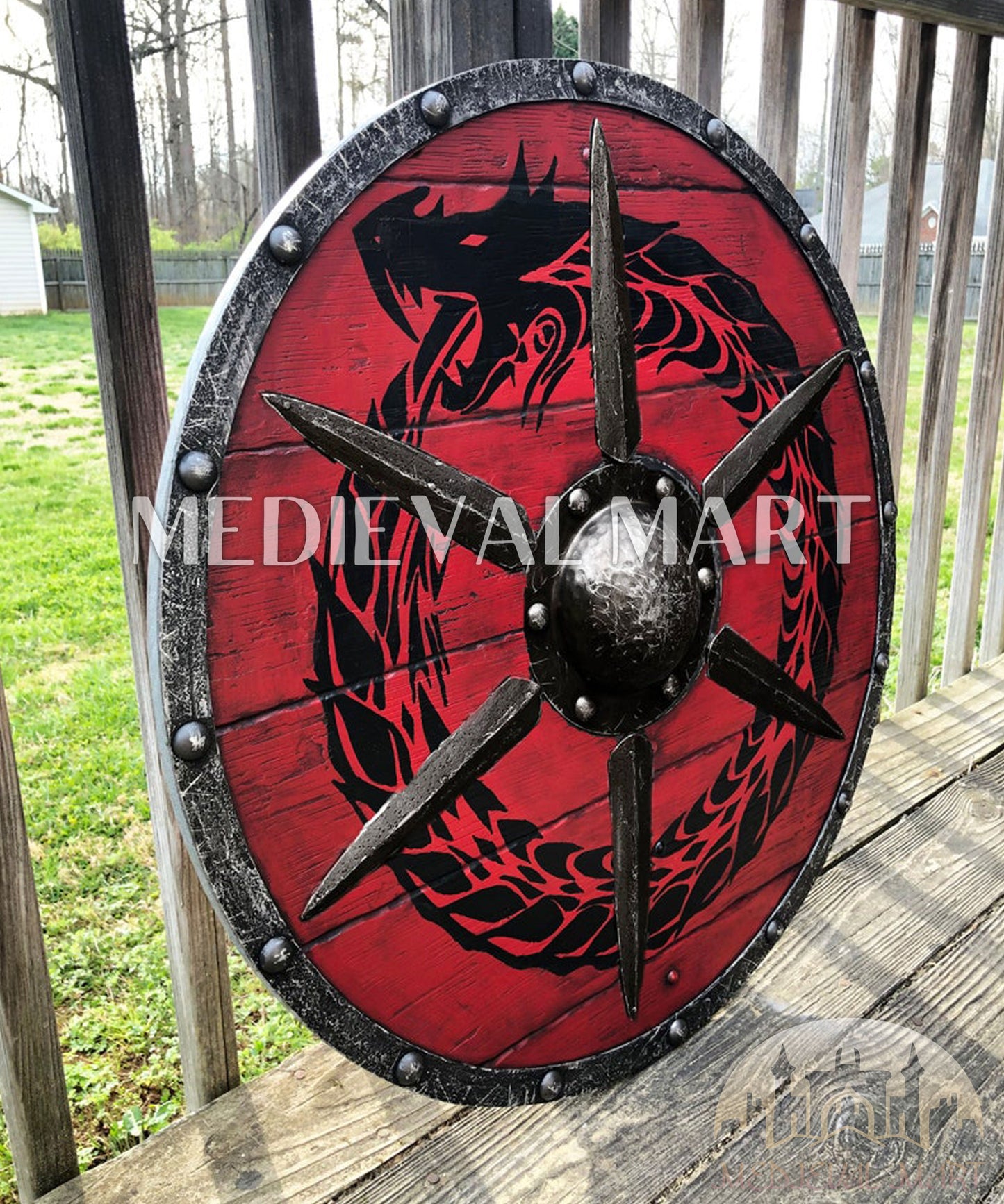 MEDIEVALMART Legendary Viking's RED Ouroboros Battleworn Iconic Viking Wooden Shield | Gifts For Dad