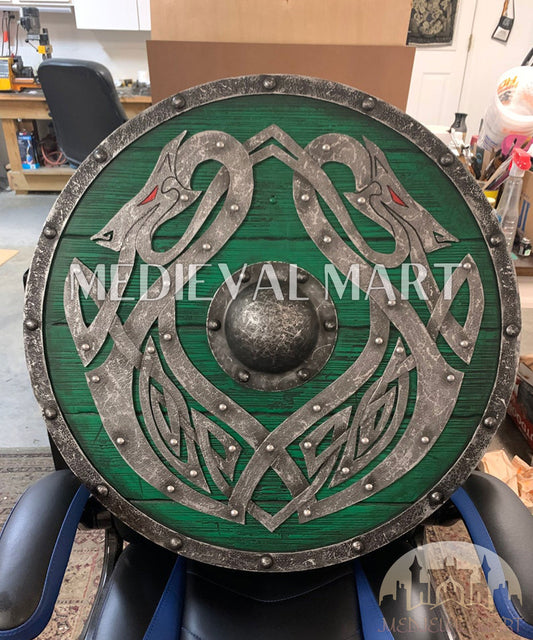 MEDIEVALMART Valhalla GREEN Sea Dragon Jörmungandr Authentic Battleworn Viking Wooden Shield | Gifts For Dad