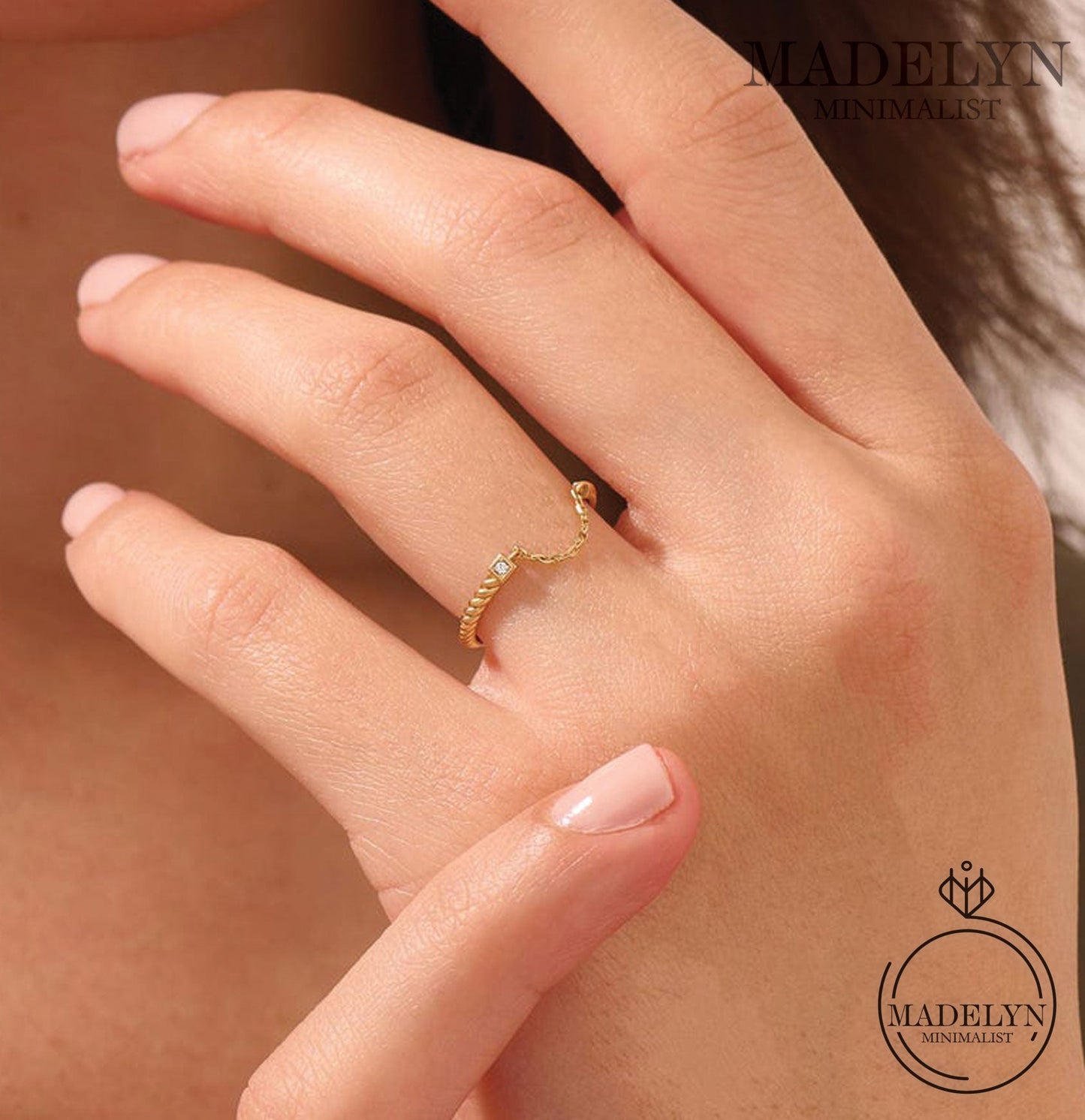 MADELYN MINIMALIST 14k Solid Minimalist Open Chain Link Twist Ring for Women, Dainty Stackable Ring | Gift For Valentine's day