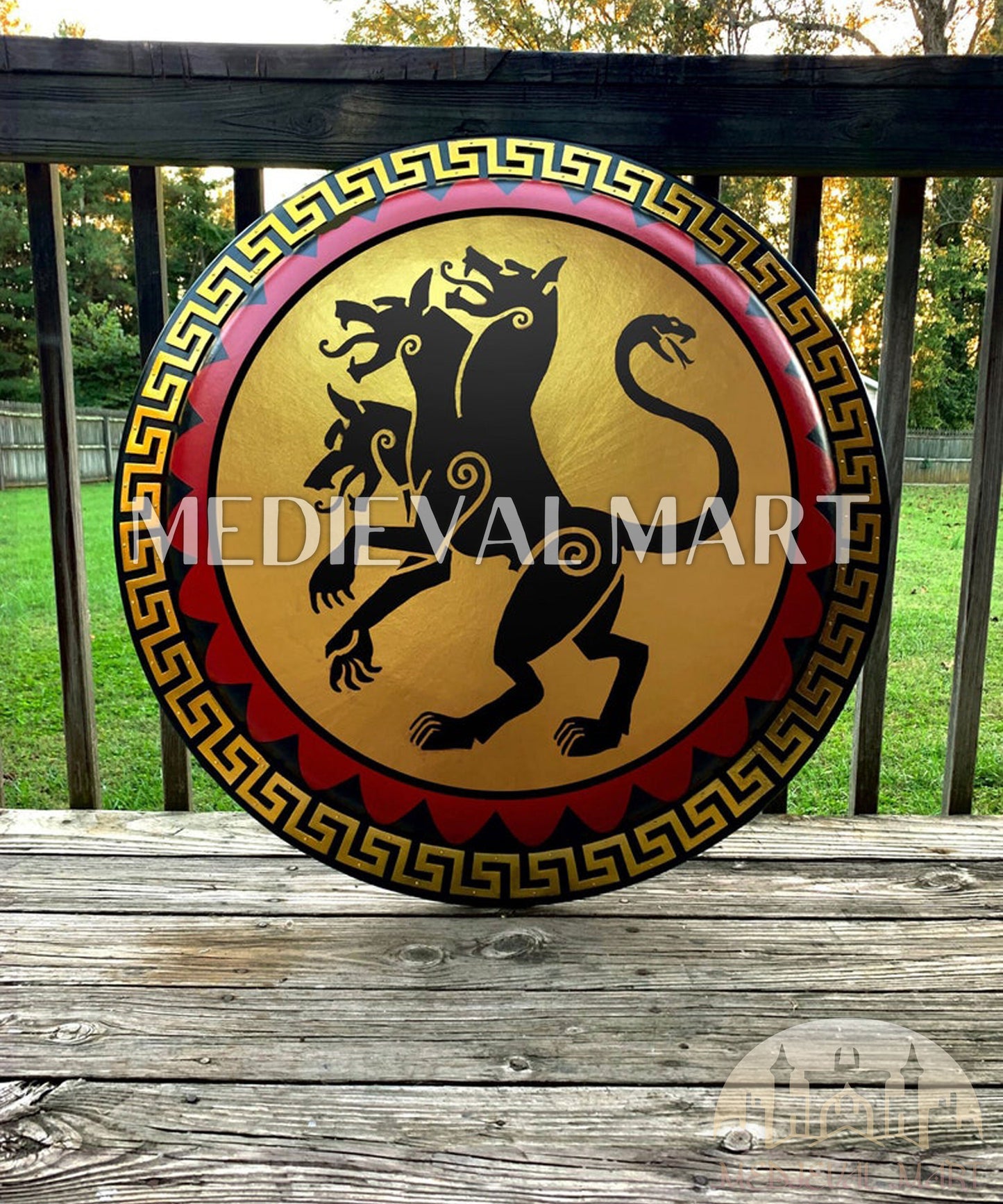 MEDIEVALMART Iconic Cerberus (Hound of Hades) Ancient Greek Hoplite Battleworn Metal/Brass Shield | Gifts For Dad