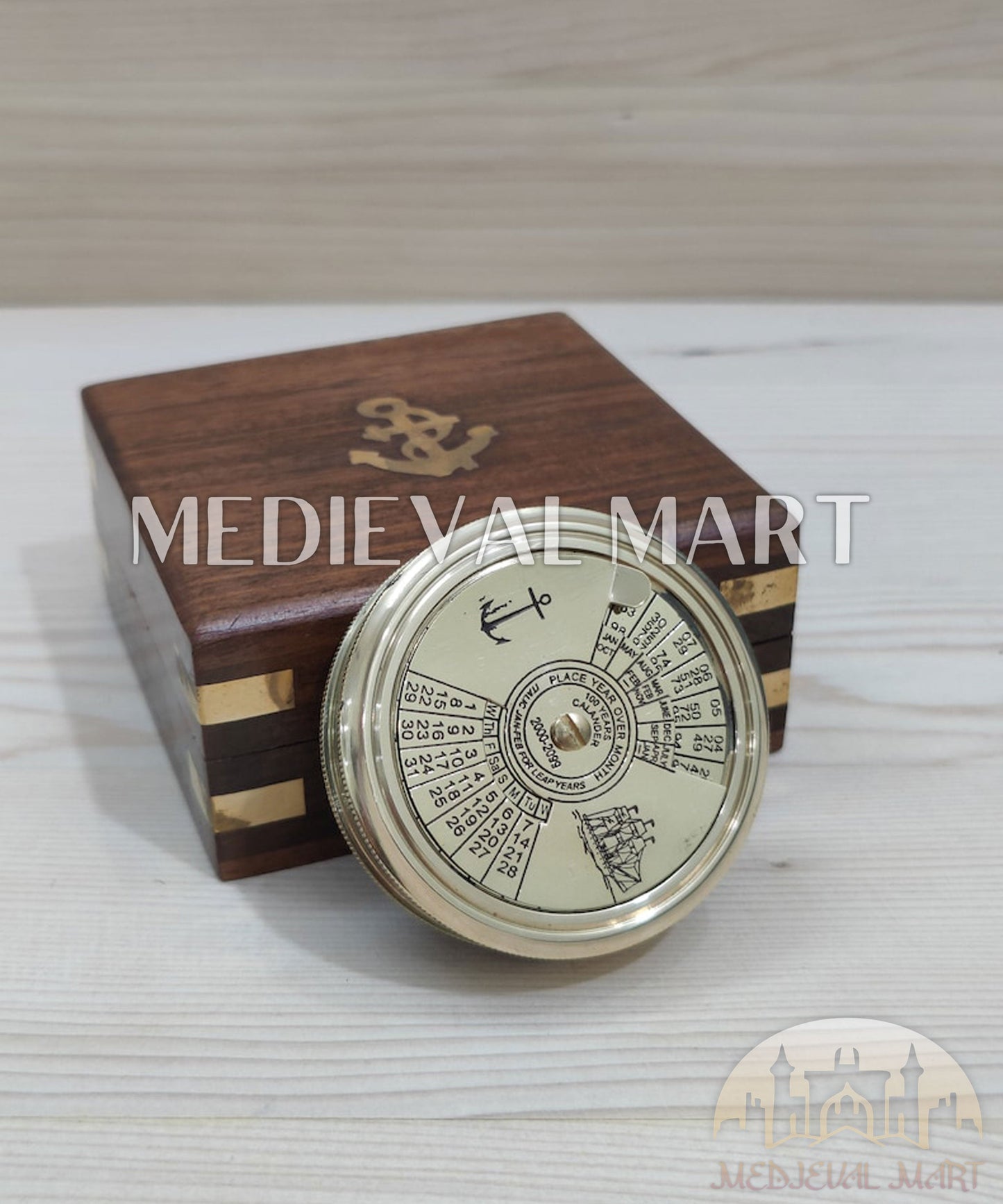 MEDIEVALMART Adventure 100 Years Colander Engrave Pure Brass Finish Compass W/H Gen-1 Wooden Case| Gift For Him