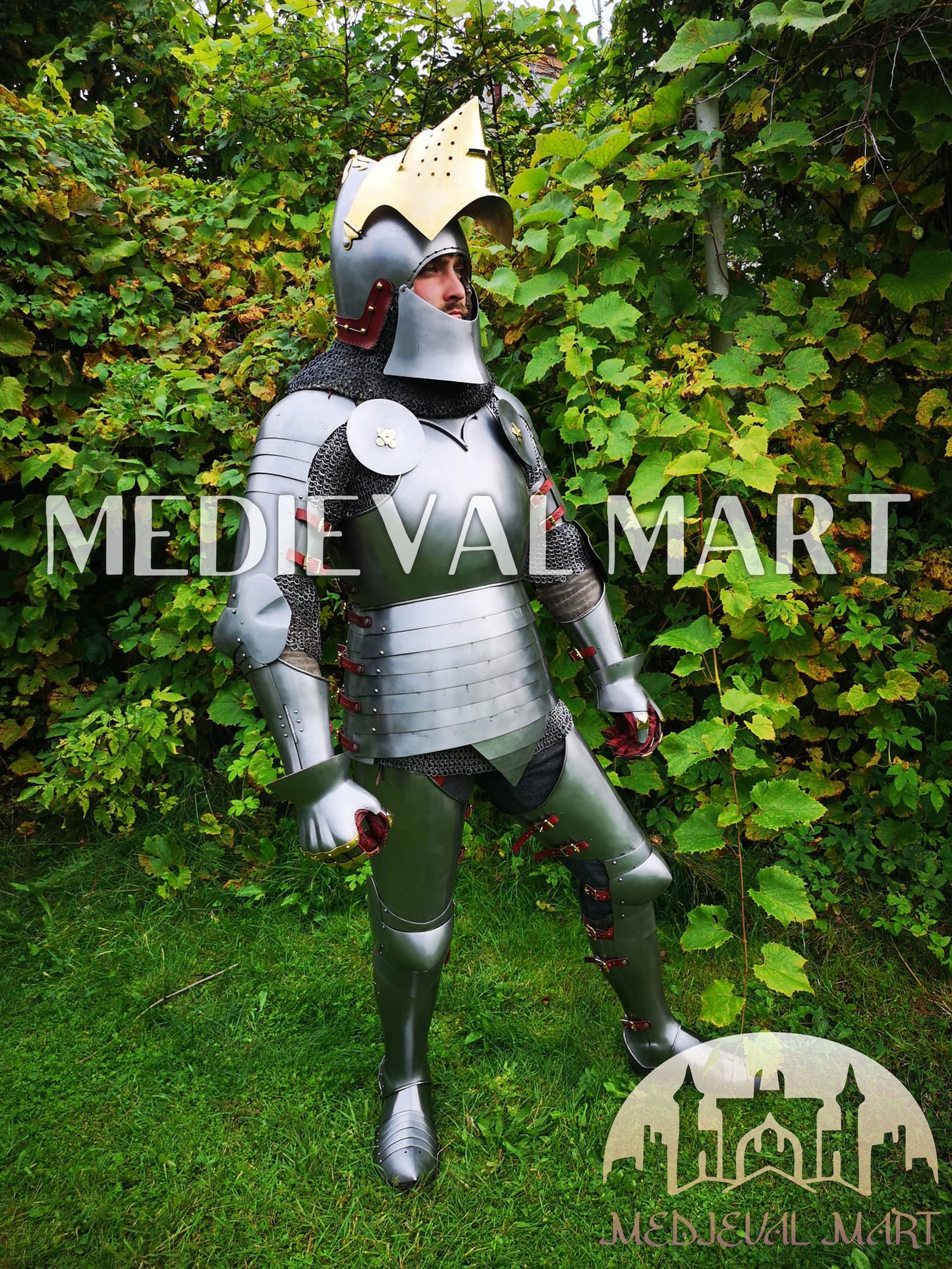 MEDIEVALMART 15th-Century English knight Warrior Gothic Plate Armor Costume W/H Gold Face Hounskull Helmet