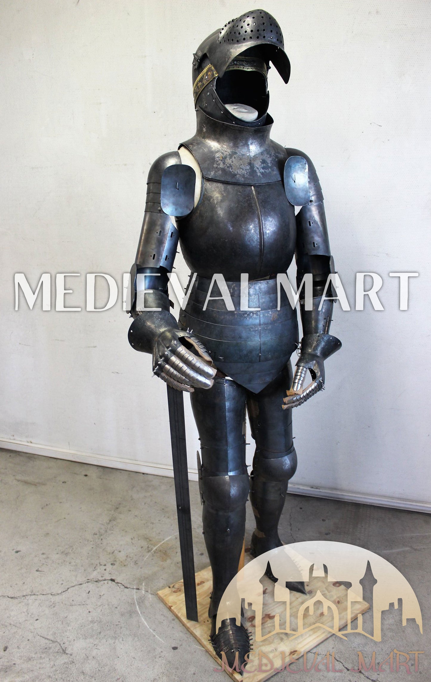 MEDIEVALMART German Medieval Full Body Black Armor Costume W/H “Eisenkopf” Bacinet Helmet