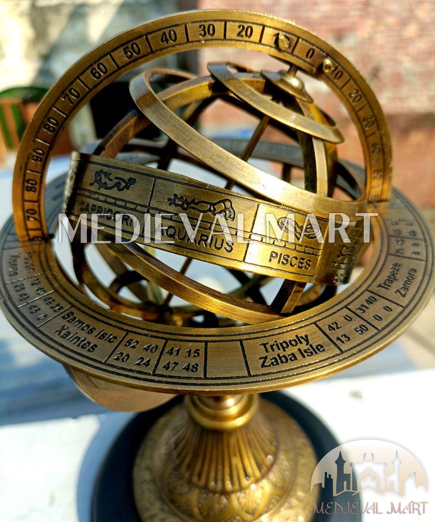 MEDIEVALMART Handmade Brass Armillary Globe Engraved Zodiac Astrolabe on Wooden Base Gift For Christmas Day