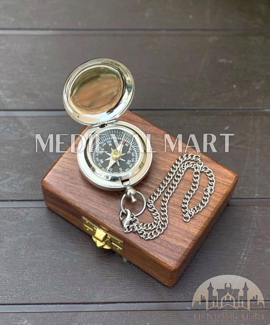 MEDIEVALMART Chrome Plate Nautical Engrave Locket Compass Silver Finish W/H Gen-2 Wooden Case | Gift For Mom