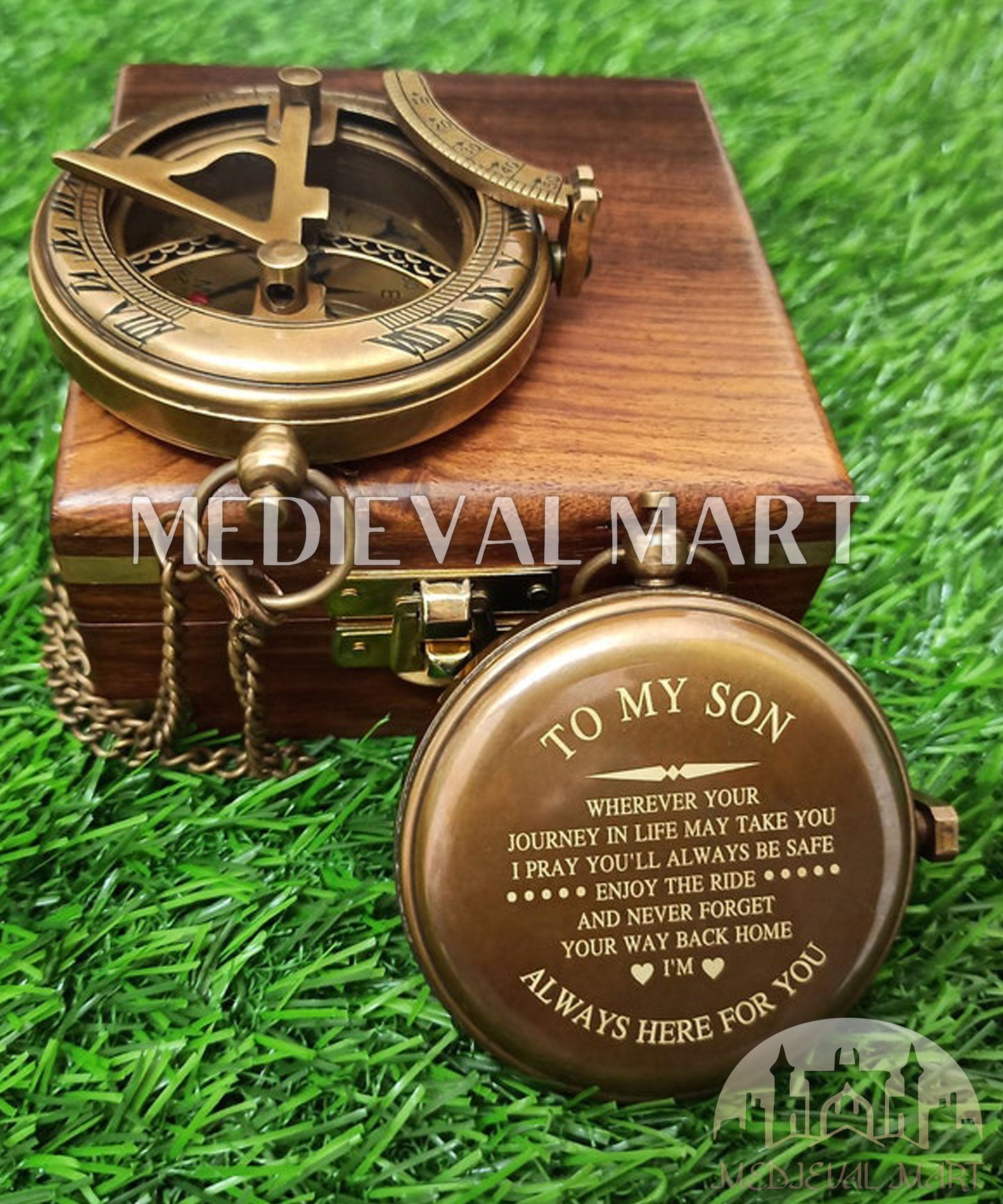 MEDIEVALMART Personal Engrave Sundial Clock Nautical Compass W/H Gen-1 Wooden Box | Gift For Her