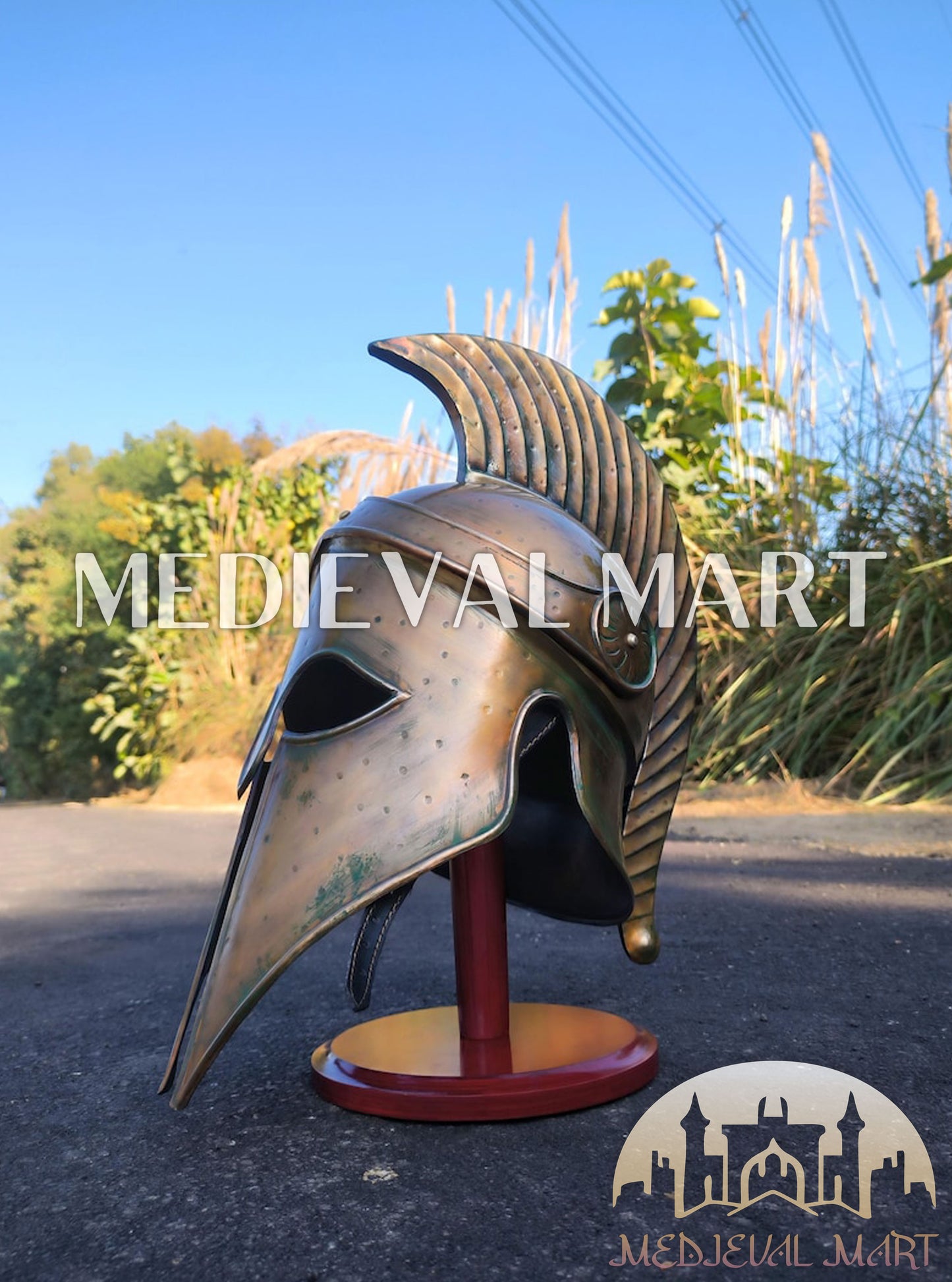 MEDIEVALMART Corinthian Greek Knight Crusader Spartan Helmet W/H Free Stand | 300 Props