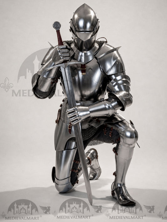MEDIEVALMART 14th-Cen European English Hardend Steel Plate Armor Buff Polish W/H Houndskull Closed Bascinet