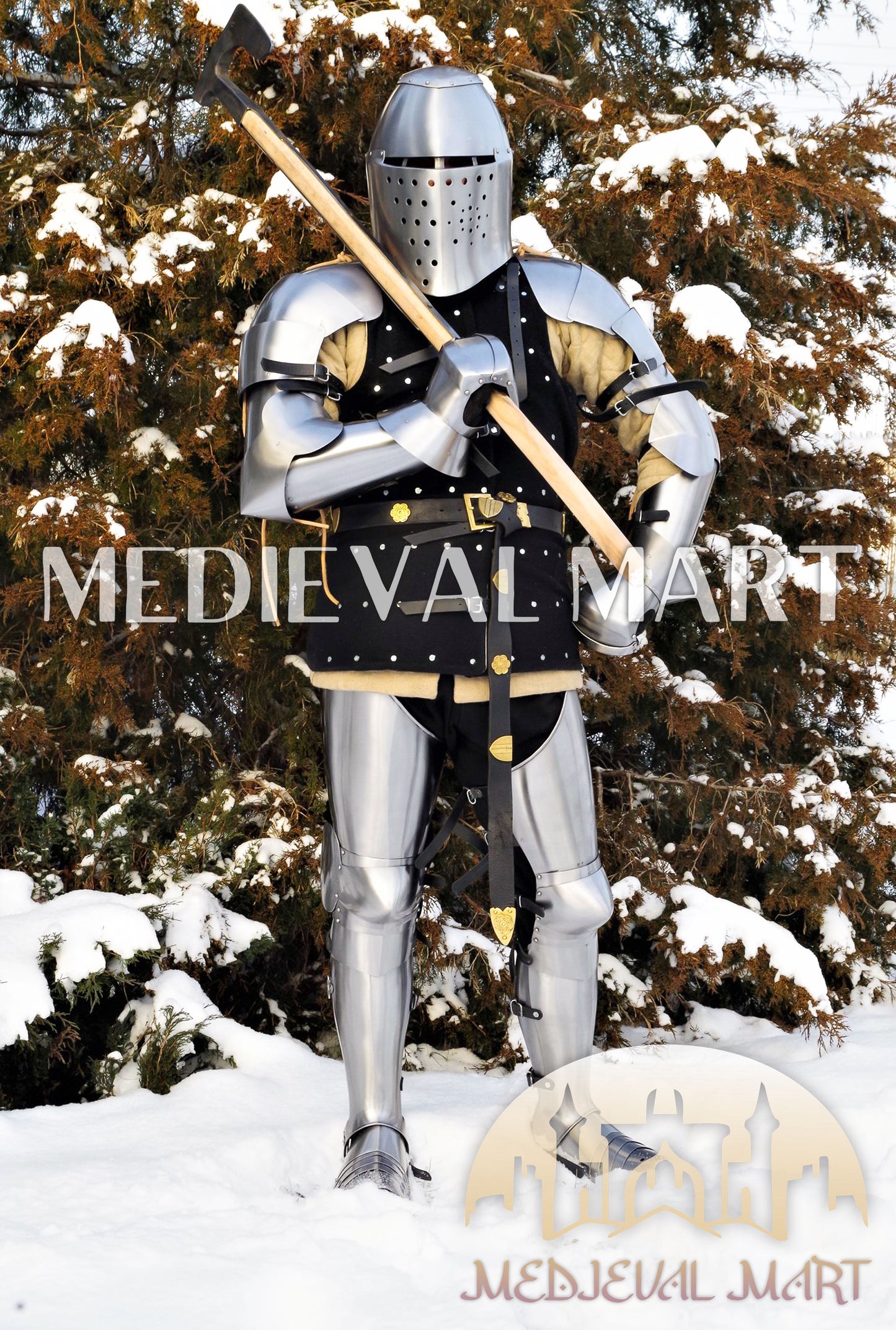 MEDIEVALMART European Sport Buhurt Combat Hardened Steel Suit of Full Body Costume W/H Viking Axe & Titanium Brigandine